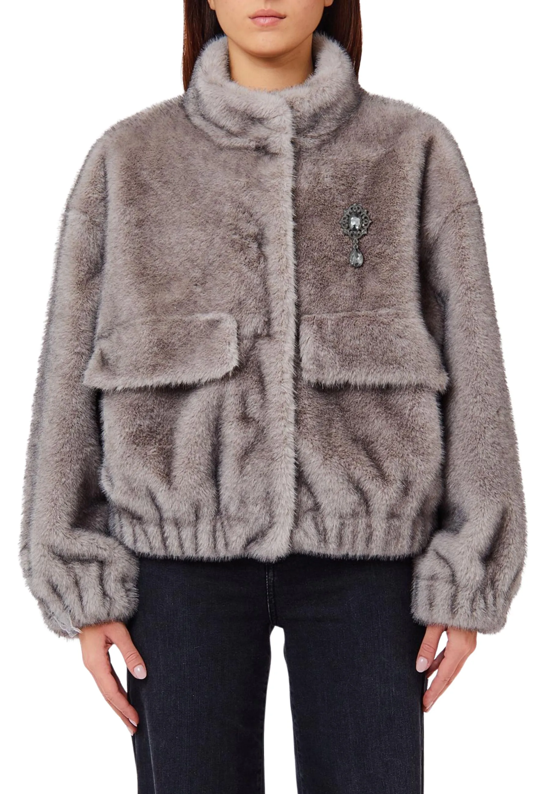 CAPPOTTO CORTO IN ECO-PELLICCIA DONNA GRIGIO