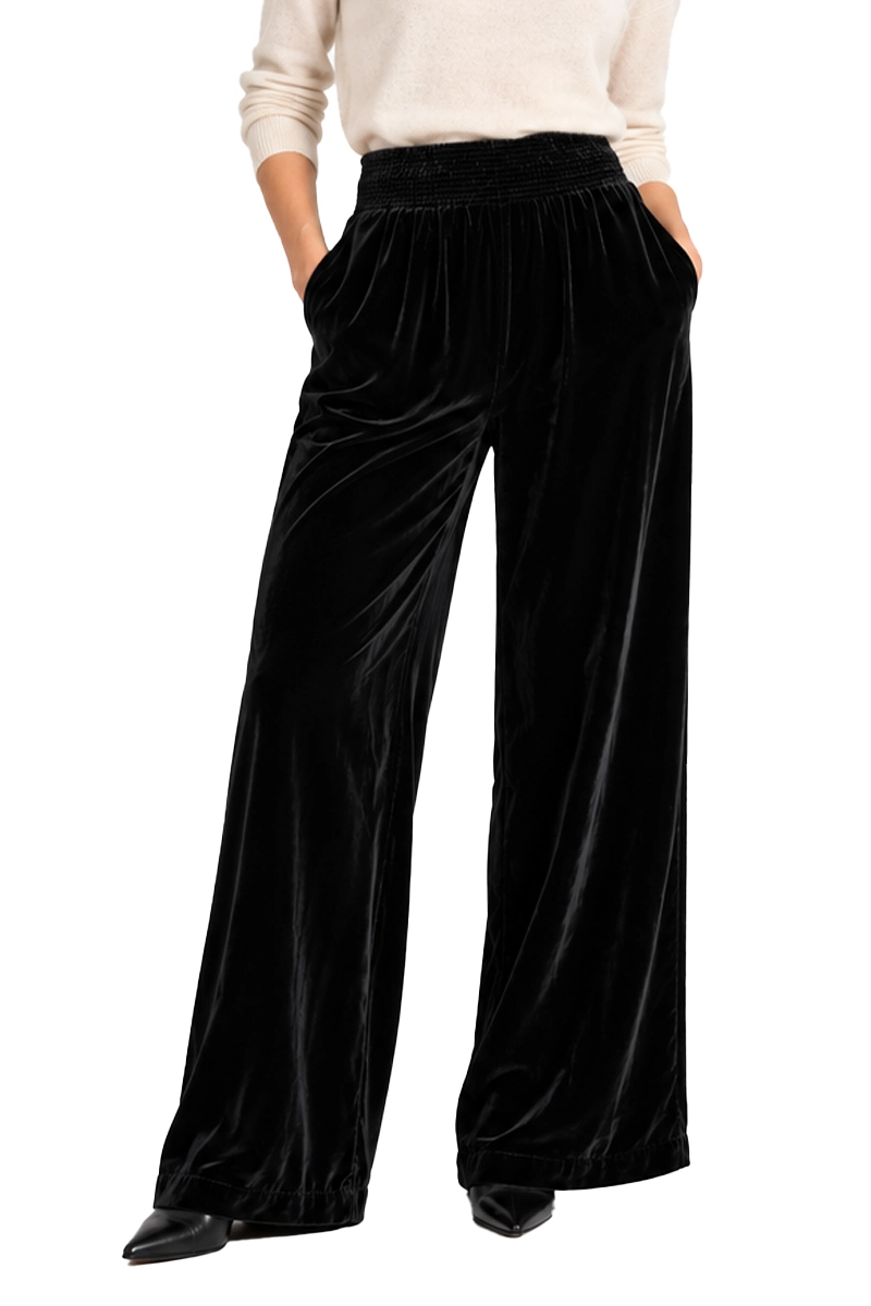 PANTALONI PALAZZO IN VELLUTO CON VITA SMOCK DONNA NERO