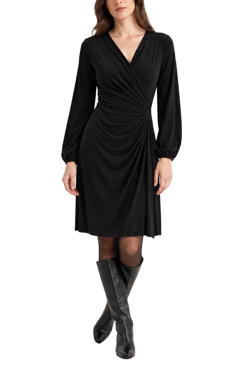 VESTITO CORTO INCROCIATO CON DRAPPEGGIO DONNA NERO