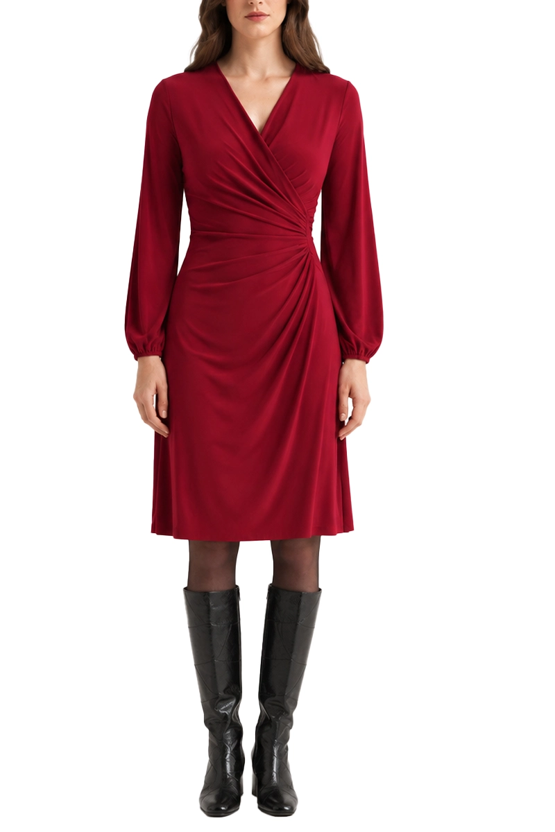 VESTITO CORTO INCROCIATO CON DRAPPEGGIO DONNA BORDEAUX