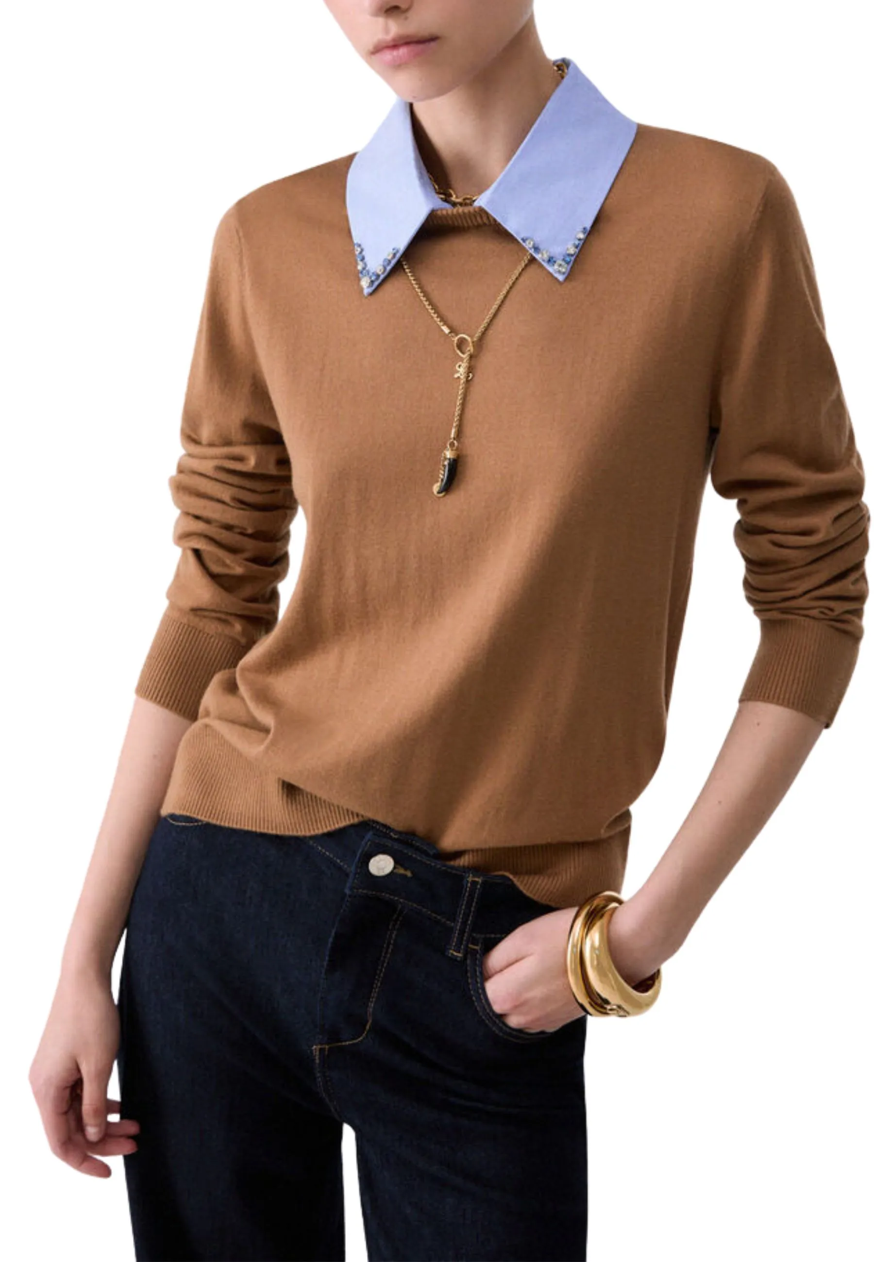MAGLIA GIROCOLLO CON COLLETTO IN POPELINE DONNA BEIGE