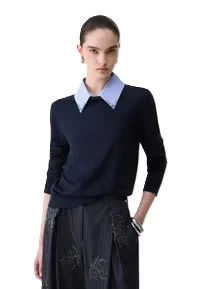 MAGLIA GIROCOLLO CON COLLETTO IN POPELINE DONNA BLU NOTTE