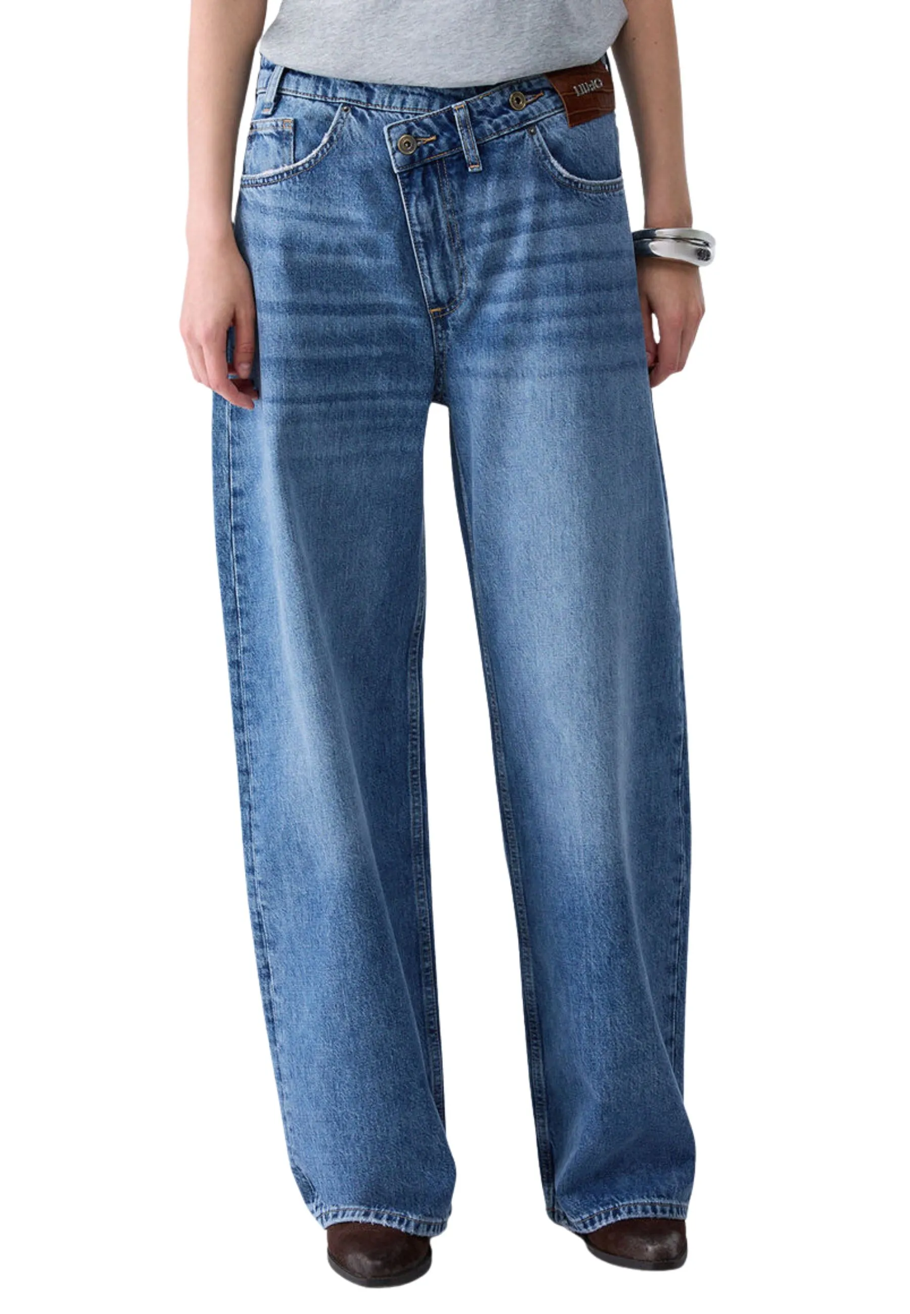 JEANS PALAZZO CON CINTONE ASIMMETRICO DONNA BLU DENIM