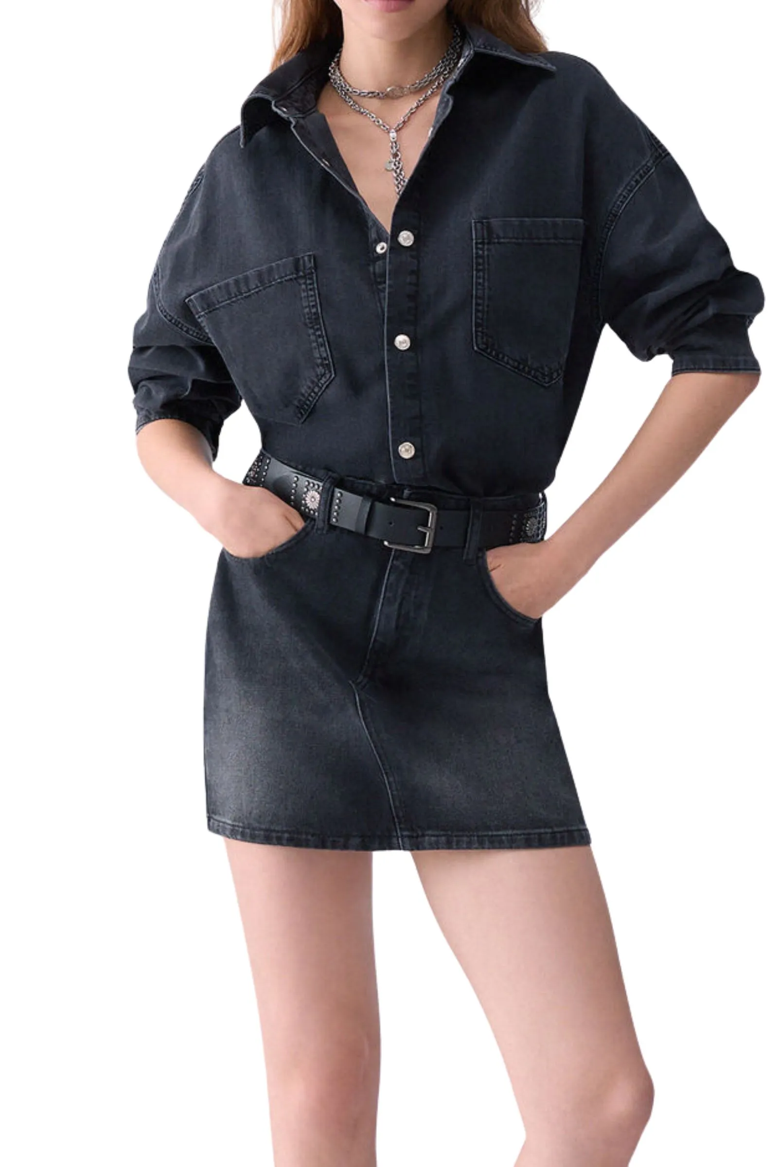 VESTITO CORTO IN DENIM CON CINTURA DONNA NERO DENIM