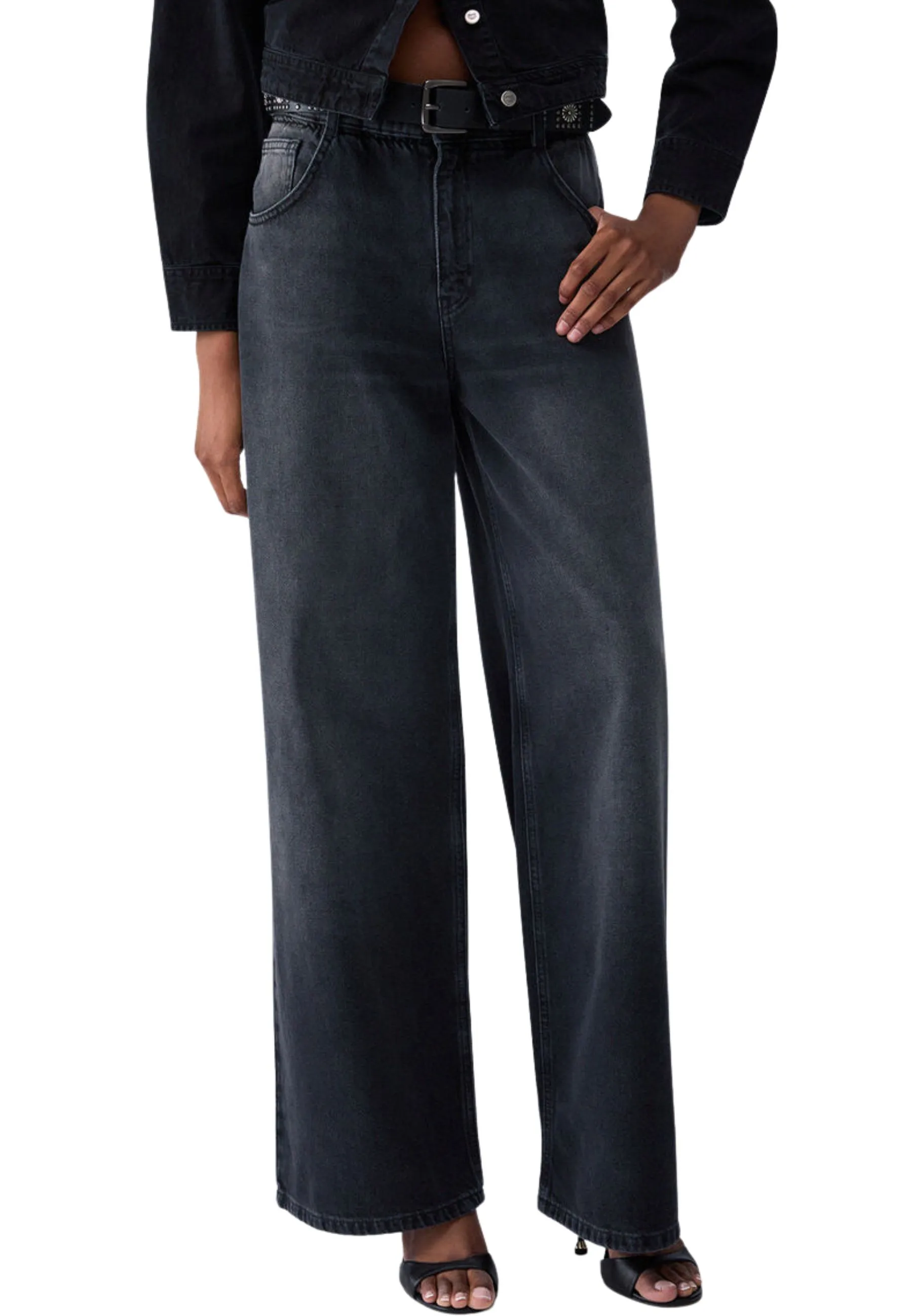 JEANS A ZAMPA CON CINTURA DONNA NERO DENIM