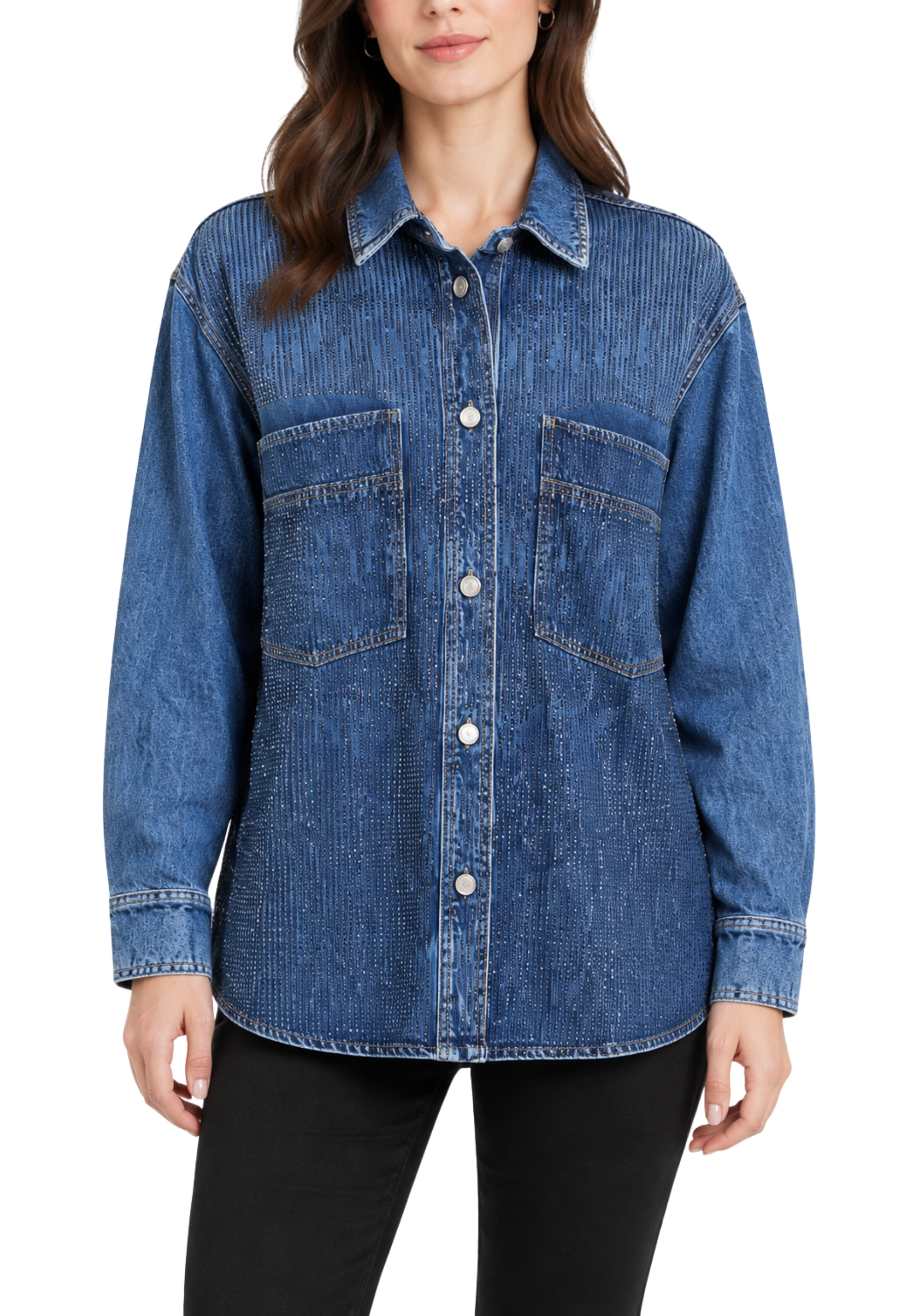 CAMICIA DENIM CON STRASS ANIMALIER DONNA BLU DENIM