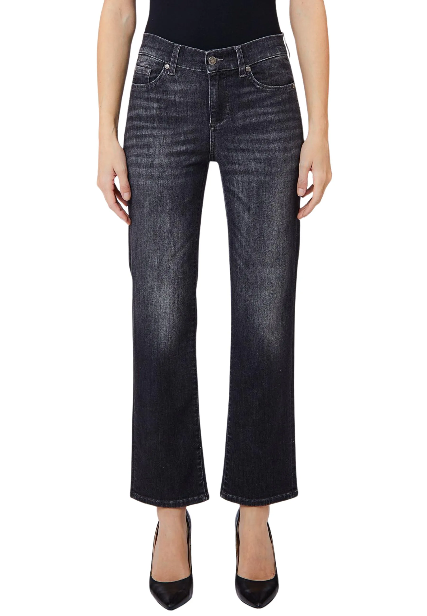 JEANS CROPPED CON STRASS SU TASCHE POSTERIORI DONNA NERO DENIM