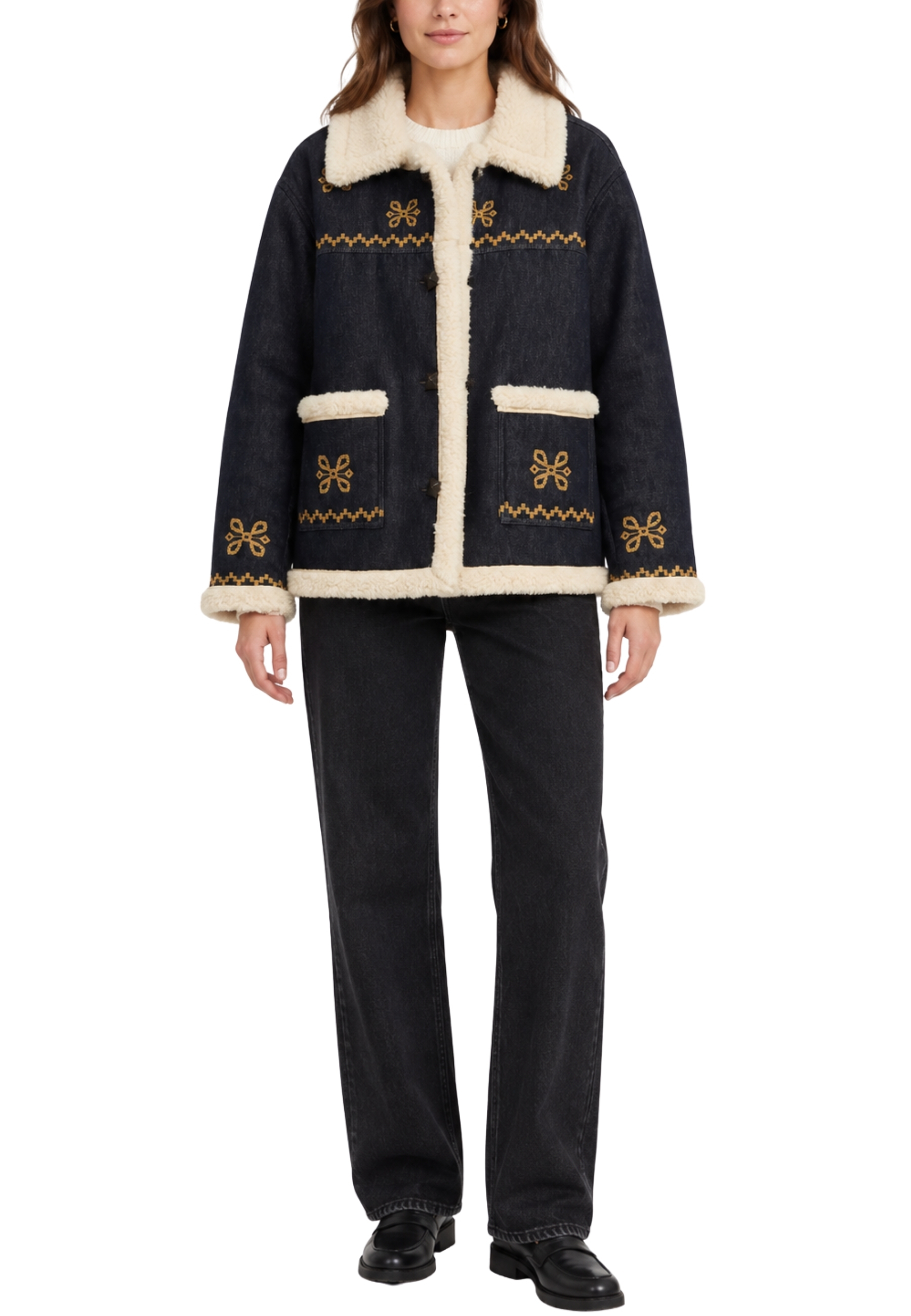 GIACCA IN DENIM CON DETTAGLI EFFETTO SHEARLING E RICAMI DONNA BLU