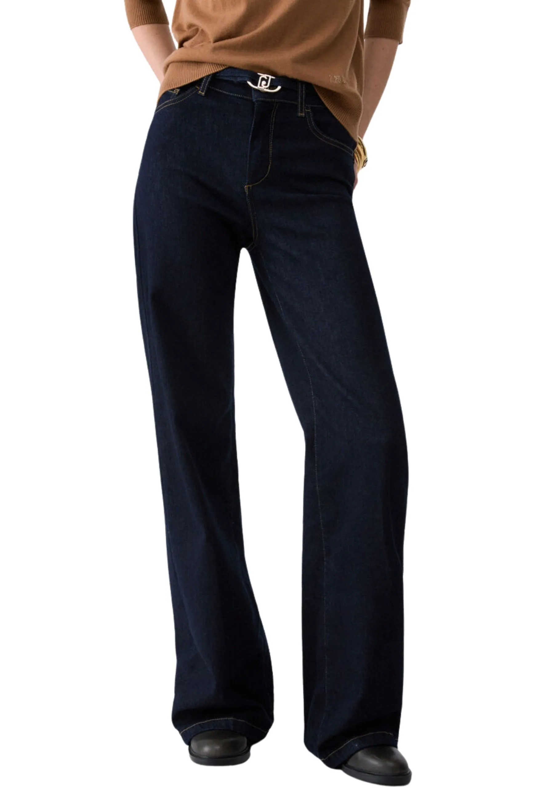 JEANS A ZAMPA CON CINTURA ABBINATA DONNA BLU SCURO DENIM