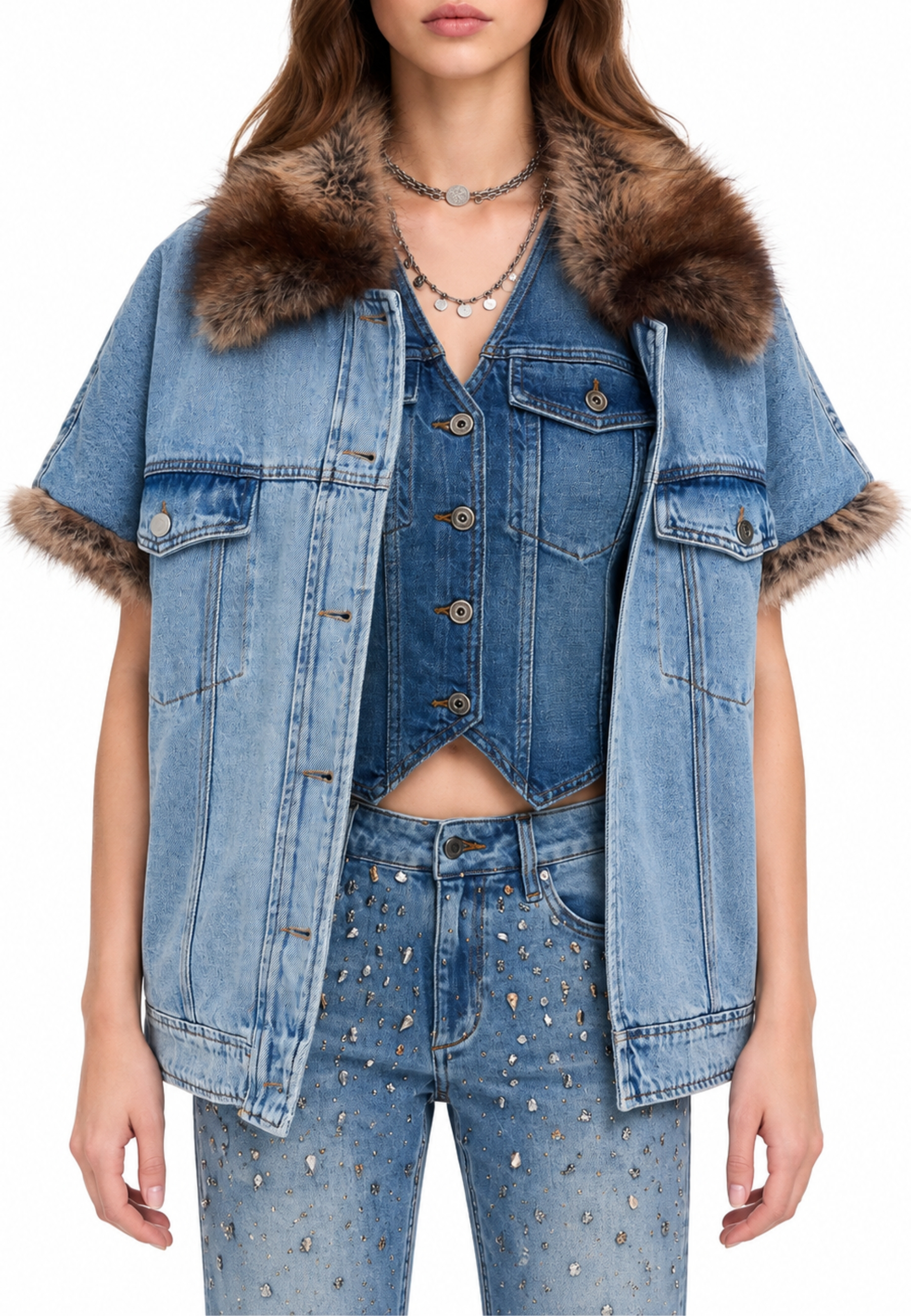 GILET IN DENIM CON COLLETTO IN PELLICCIA SINTETICA DONNA BLU