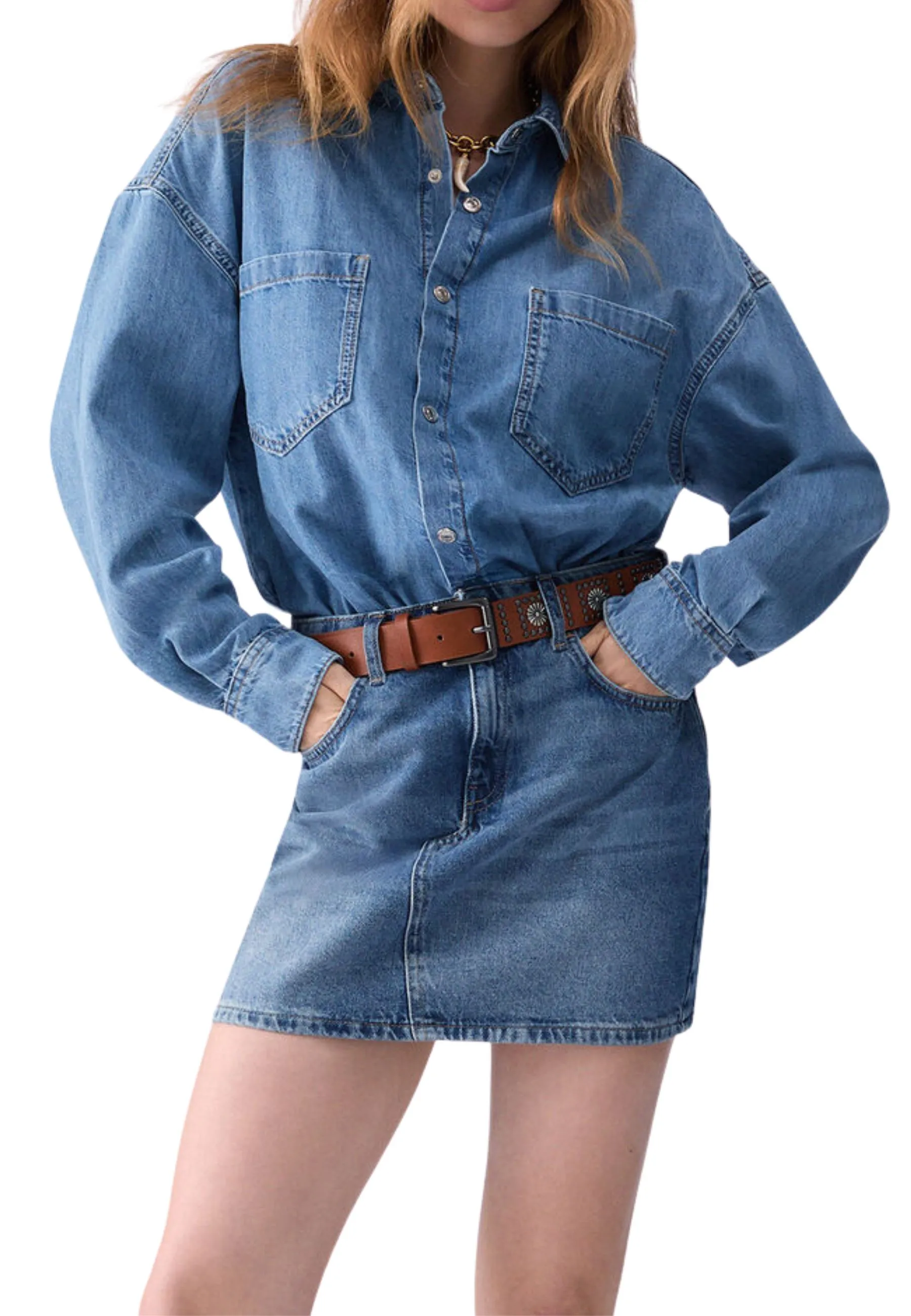 VESTITO CORTO IN DENIM CON CINTURA DONNA BLU DENIM