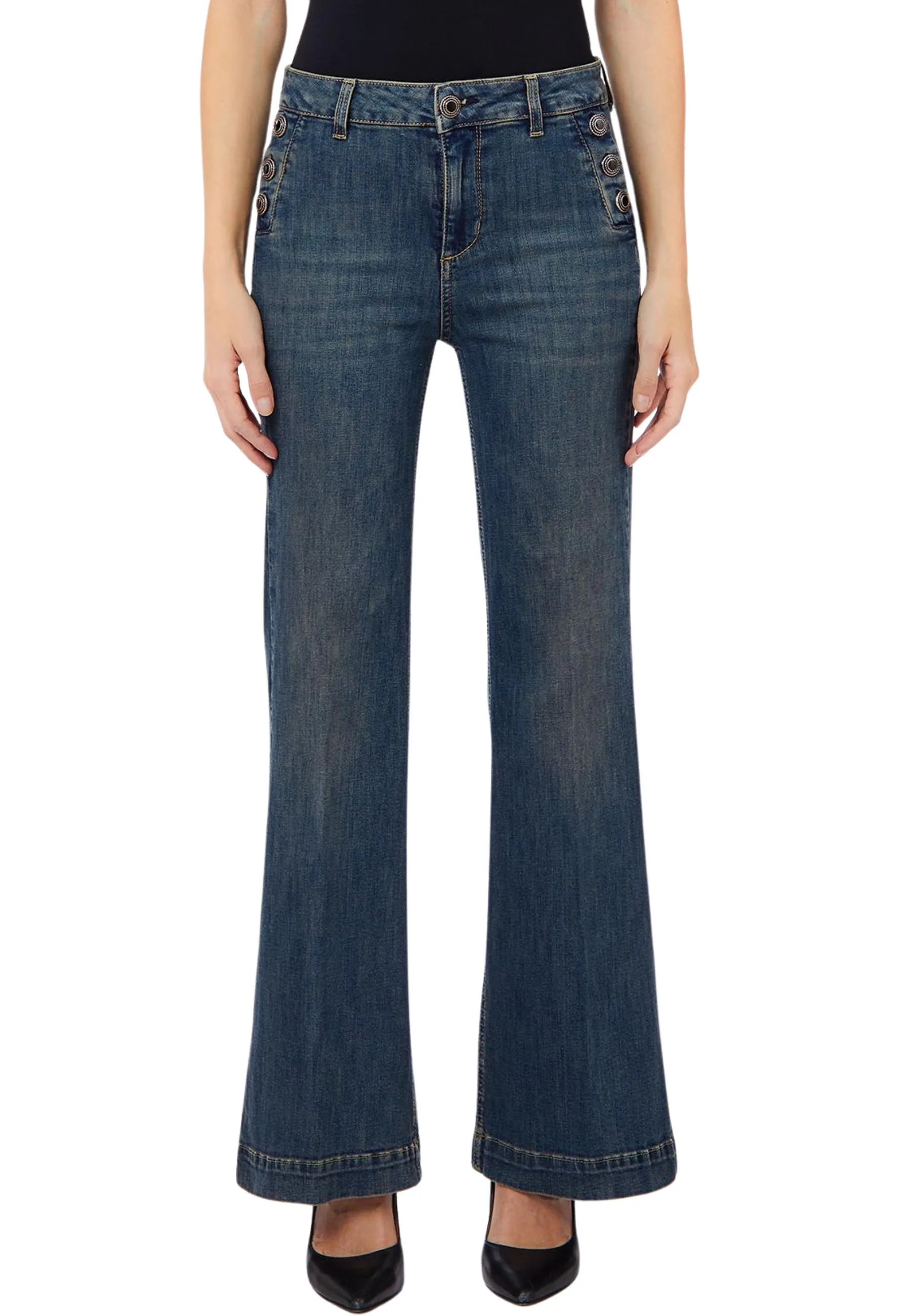 JEANS A ZAMPA CON BOTTONI GIOIELLO DONNA BLU DENIM