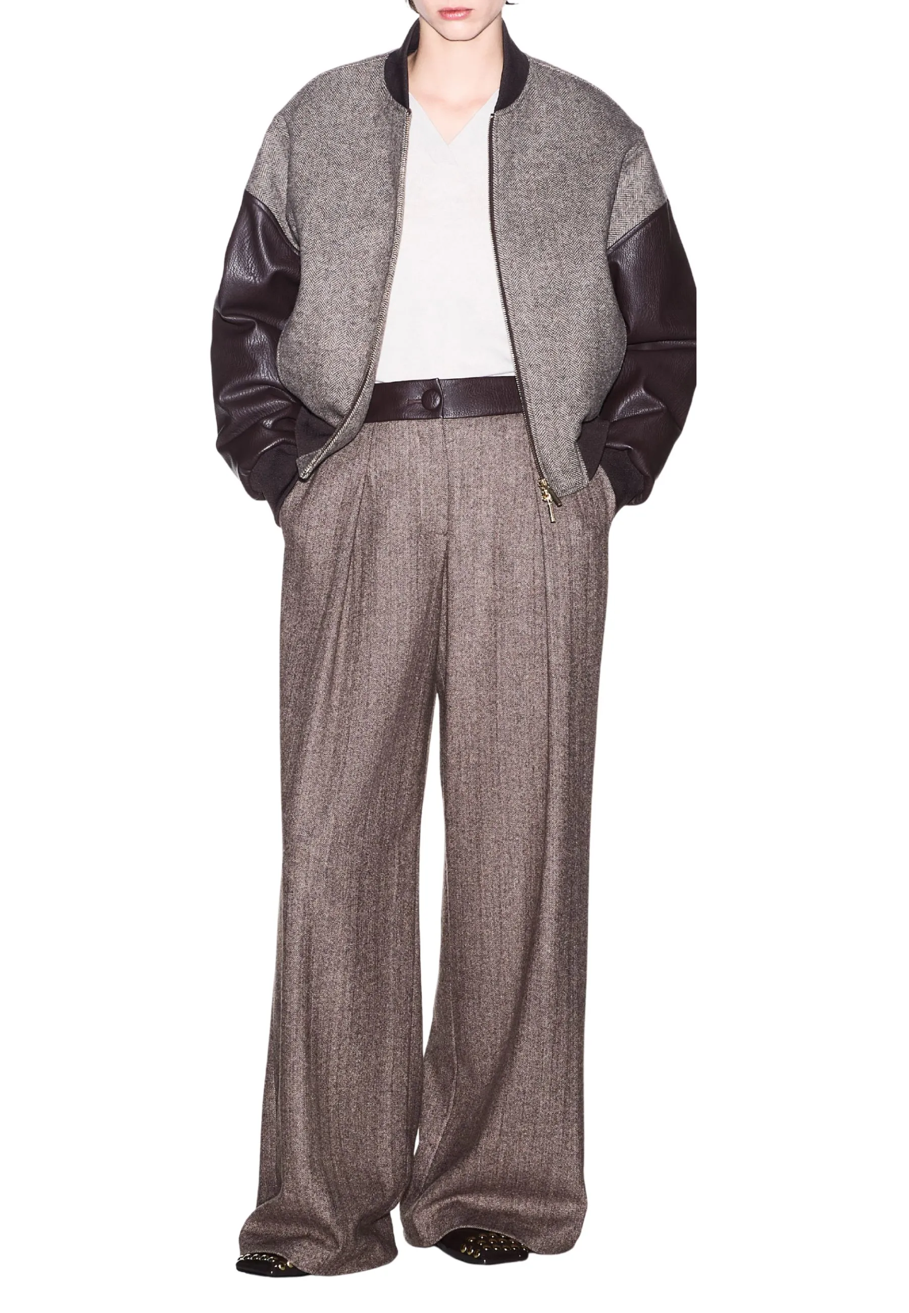 PANTALONI PALAZZO IN TESSUTO SPINATO DONNA GRIGIO