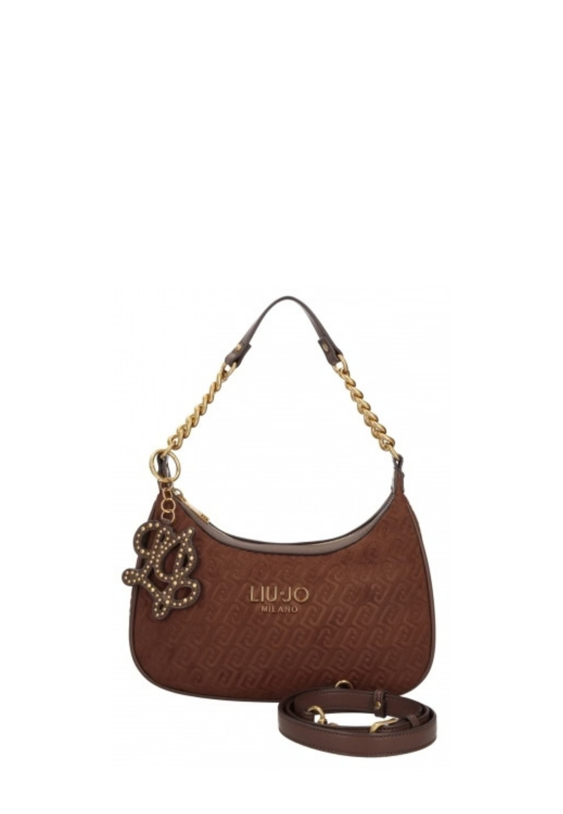 BORSA A SPALLA HOBO IN ECOCAMOSCIO CON MOTIVO LOGO DONNA MARRONE