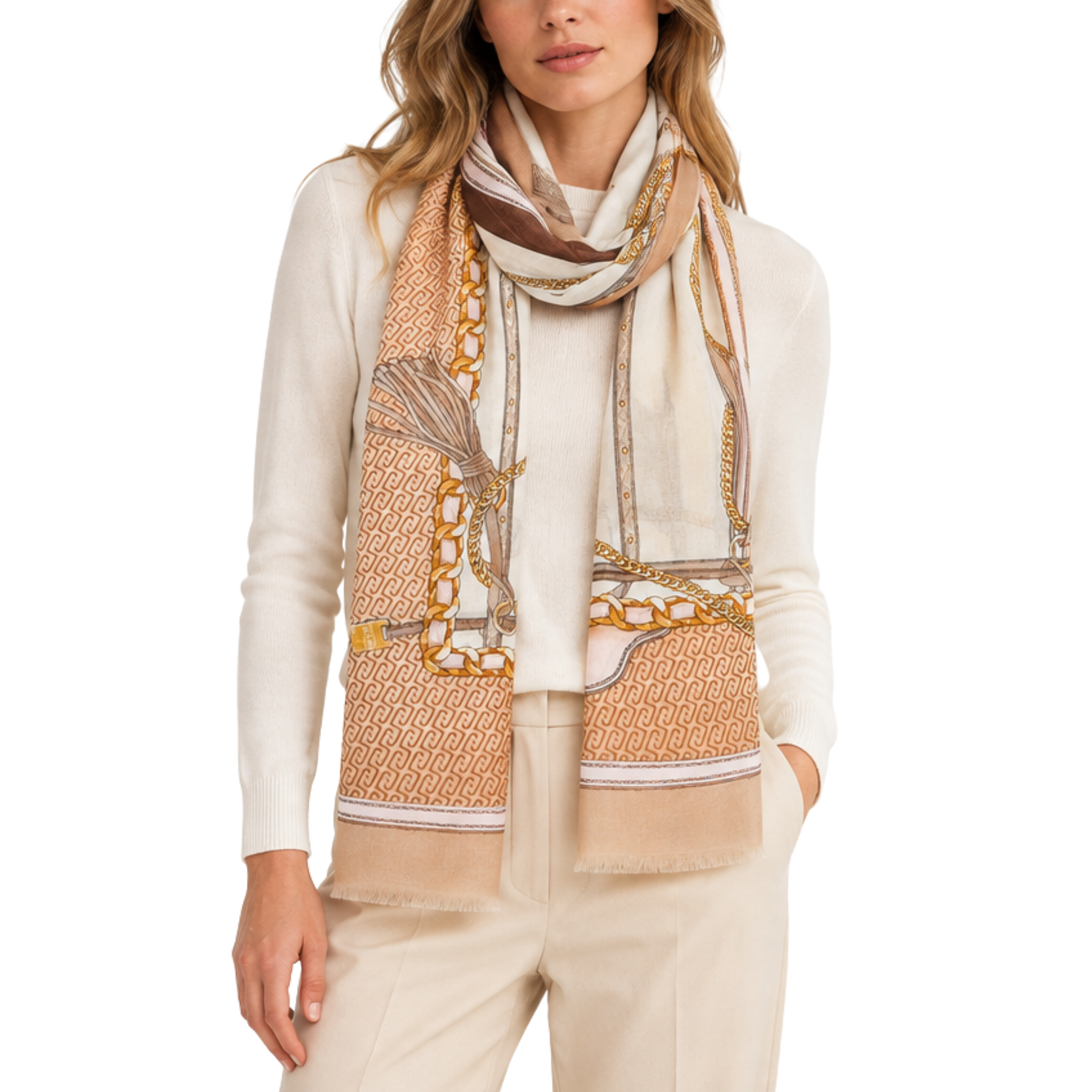 STOLA CON STAMPA A CATENE E NAPPE DONNA BEIGE
