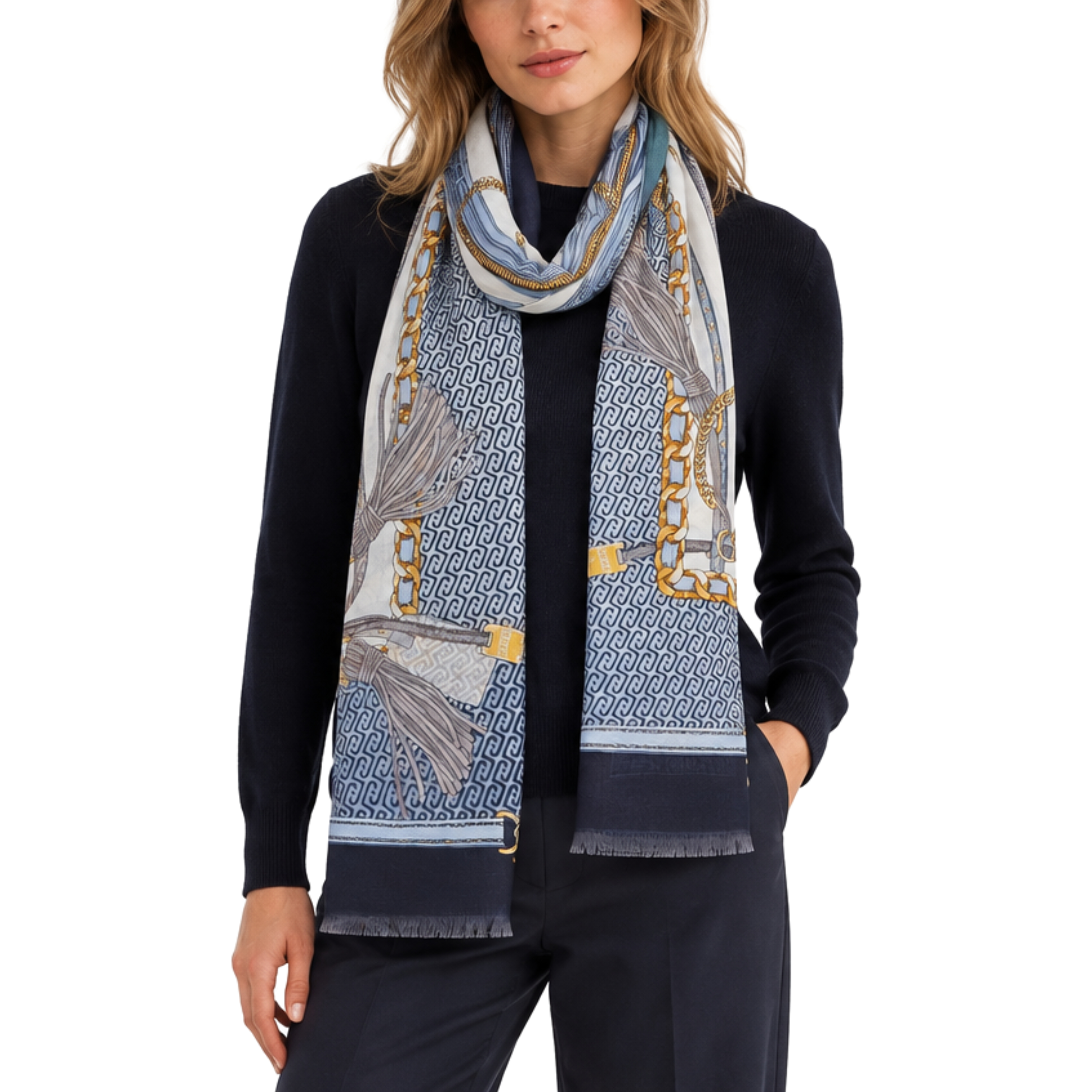 STOLA CON STAMPA A CATENE E NAPPE DONNA BLU
