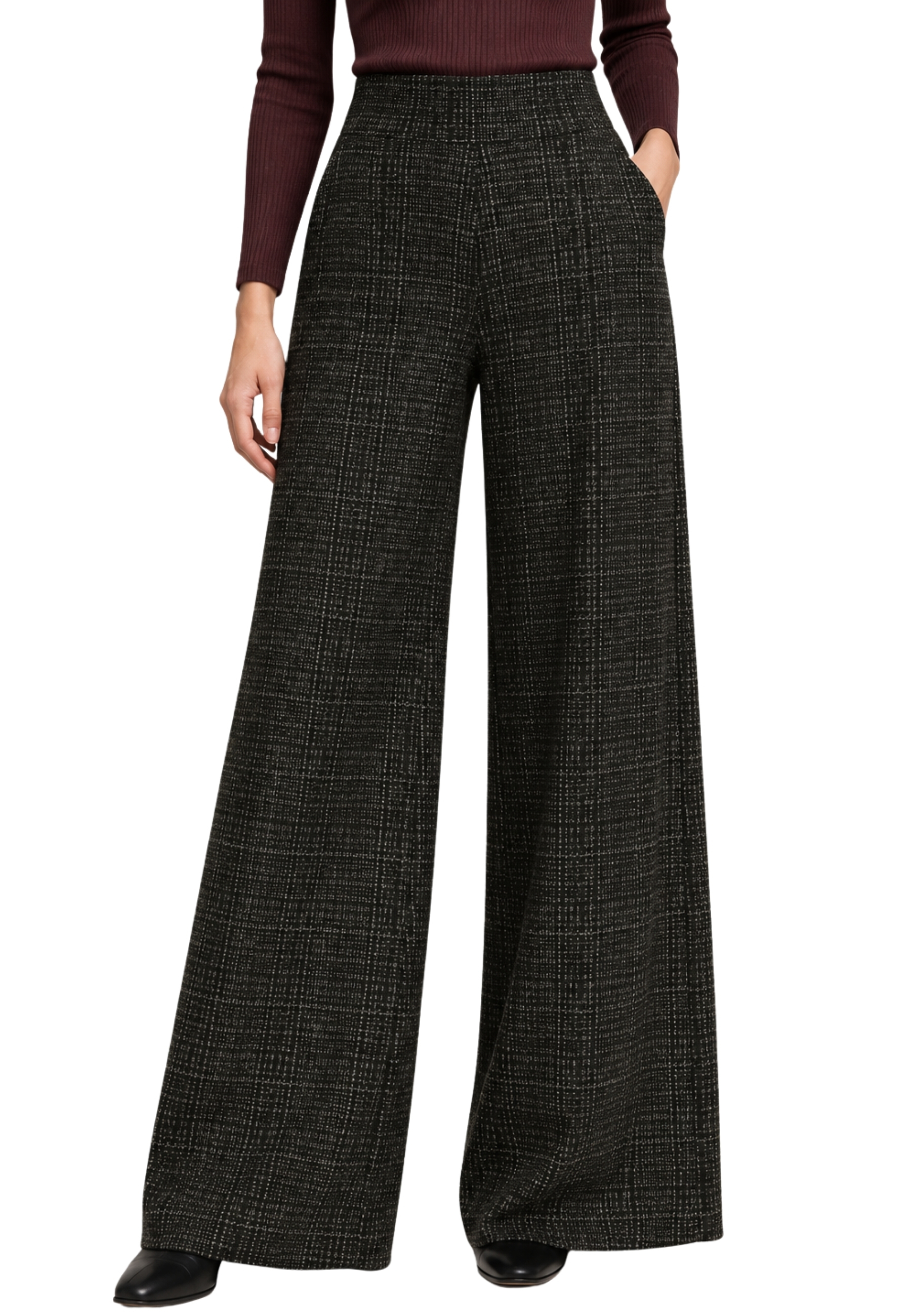 PANTALONI PALAZZO EFFETTO TWEED DONNA NERO