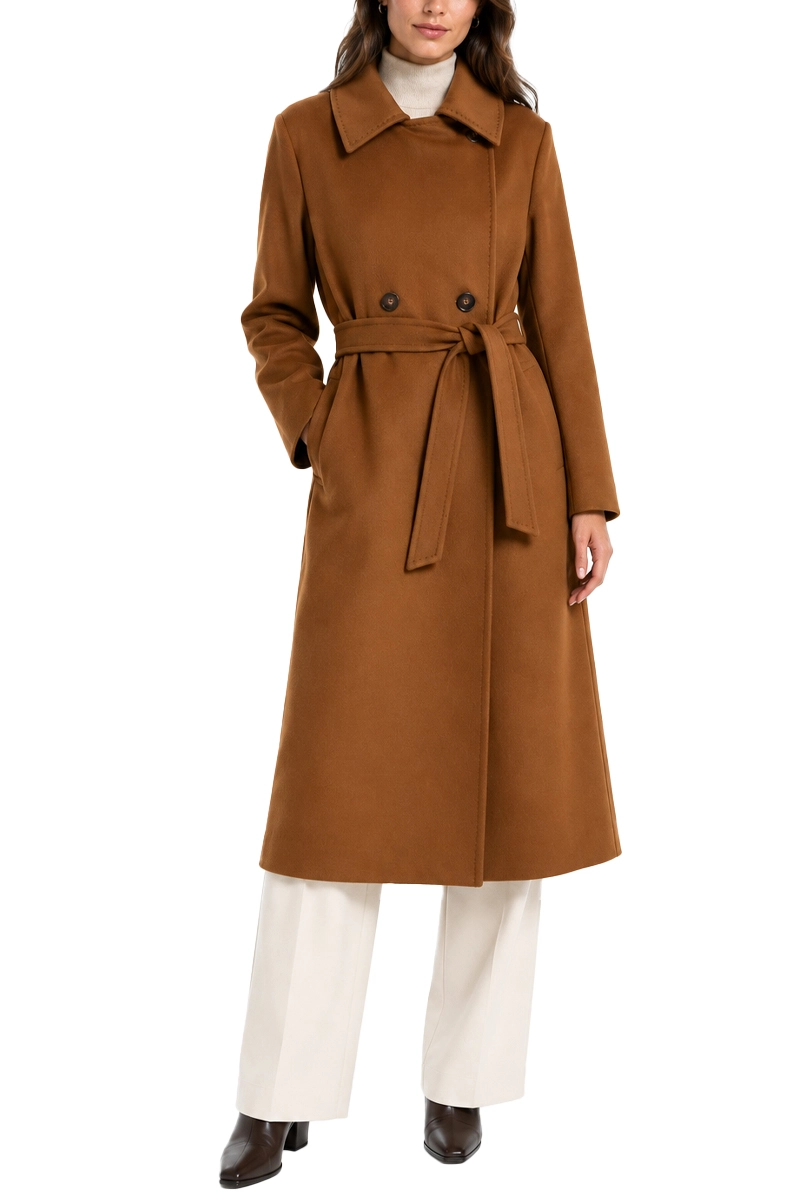CAPPOTTO LUNGO IN LANA CON CINTURA E SPACCO SUL RETRO DONNA CUOIO