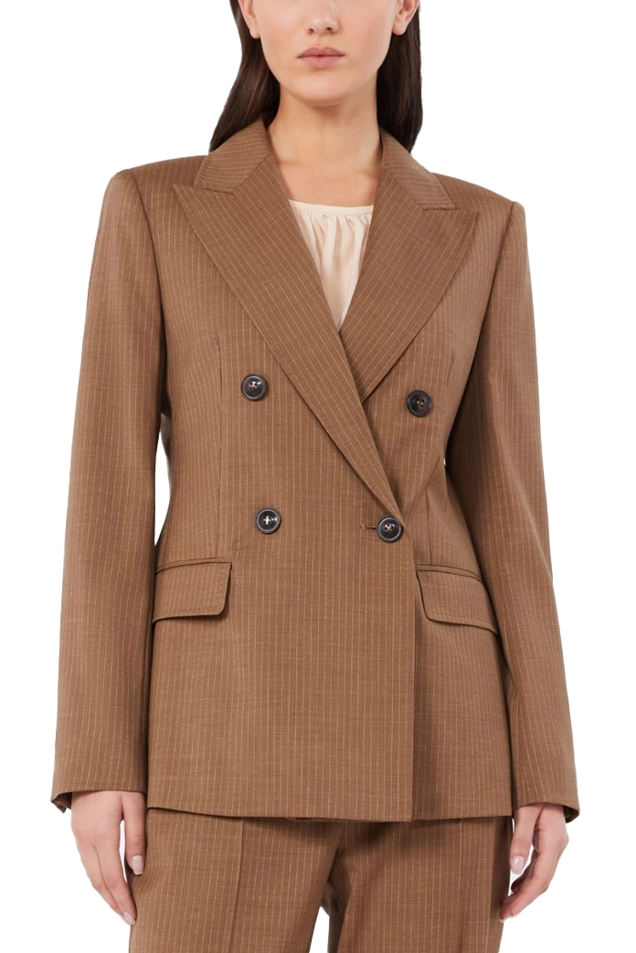 BLAZER DOPPIOPETTO IN LANA VERGINE GESSATO DONNA MARRONE