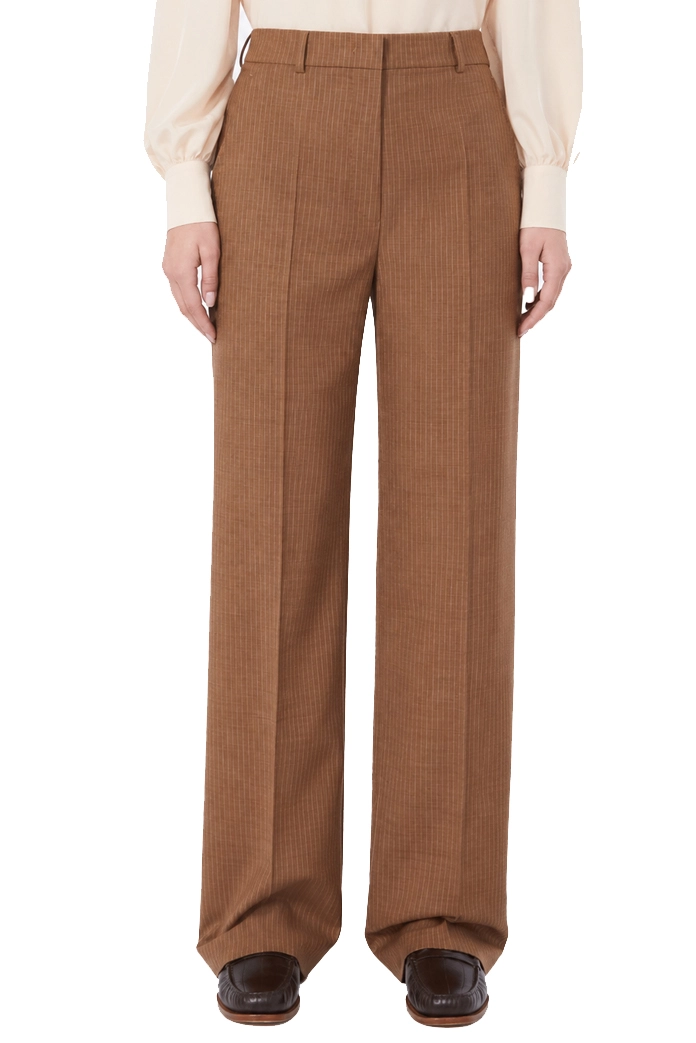 PANTALONI PALAZZO IN PURA LANA CON PIEGA STIRATA DONNA MARRONE