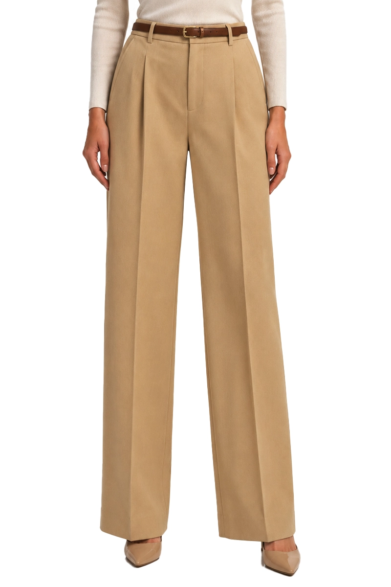 PANTALONI PALAZZO IN COTONE CRÊPE  E CINTURA DONNA BEIGE