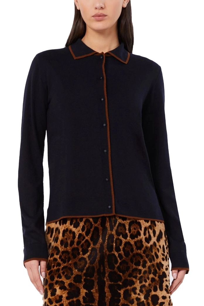 CARDIGAN IN LANA E SETA CON PROFILI A CONTRASTO DONNA BLU