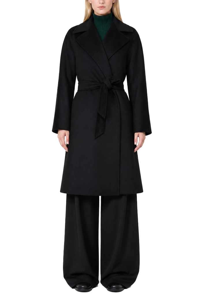 CAPPOTTO LUNGO  MIDI A VESTAGLIA IN PURA LANA DONNA NERO