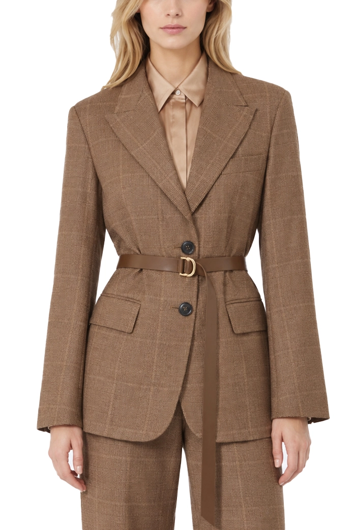 BLAZER MONOPETTO IN FLANELLA DI LANA CON CINTURA DONNA MARRONE