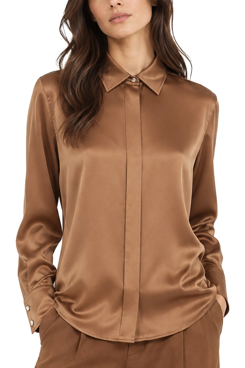 CAMICIA IN RASO DI PURA SETA CON BOTTONI GIOIELLO DONNA MARRONE