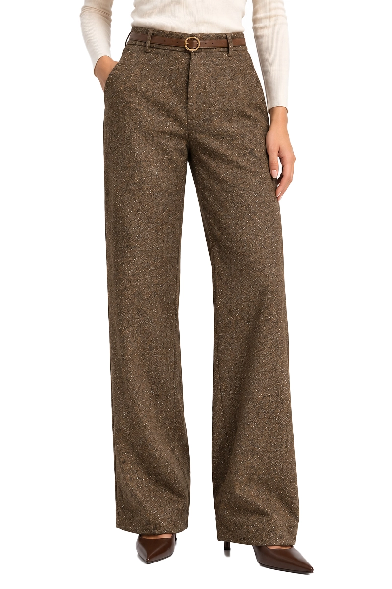 PANTALONI PALAZZO IN MISTO LANA E SETA CON CINTURA DONNA MARRONE