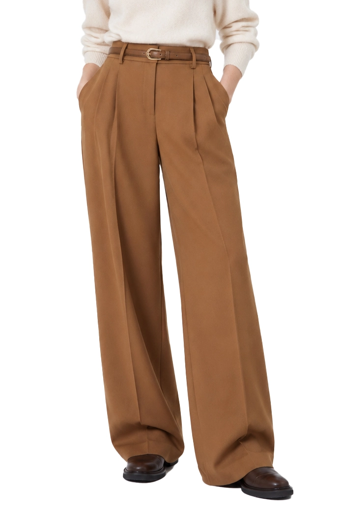 PANTALONI PALAZZO WIDE LEG IN PURA LANA CON CINTURA DONNA MARRONE