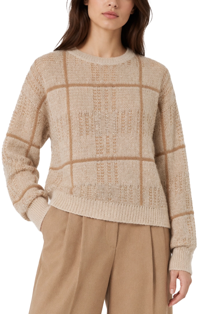 MAGLIA GIROCOLLO BOXY JACQUARD CHECK CON PAILLETTE DONNA BEIGE