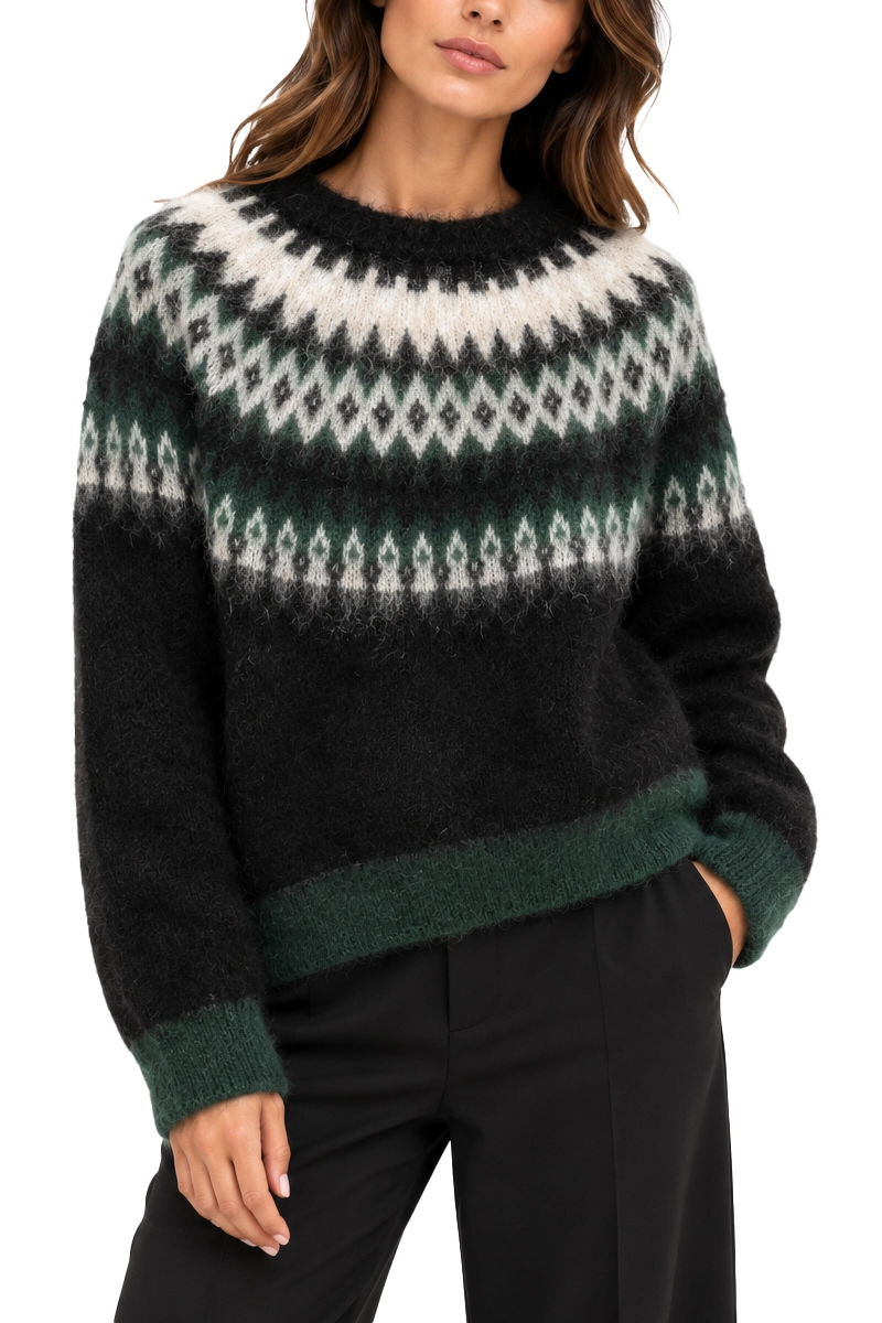 MAGLIA GIROCOLLO CON DISEGNO FAIR ISLE IN MOHAIR E LANA DONNA NERO