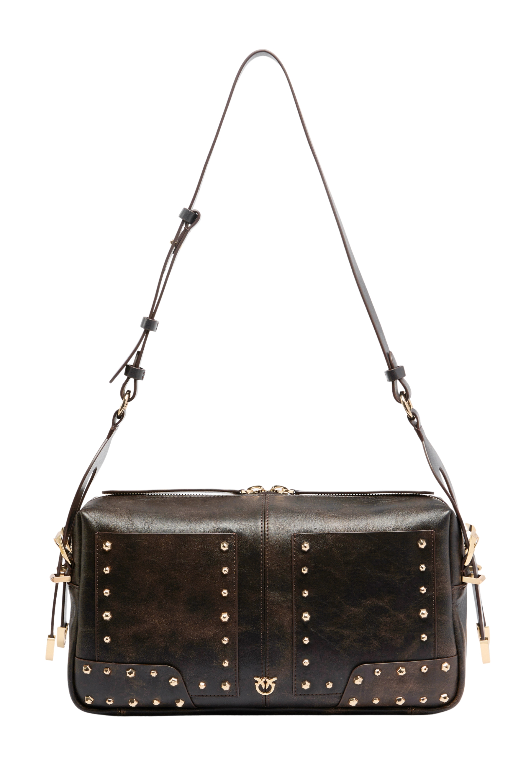 BORSA A MANO IN PELLE CON BORCHIE E TRACOLLA DONNA MARRONE SCURO