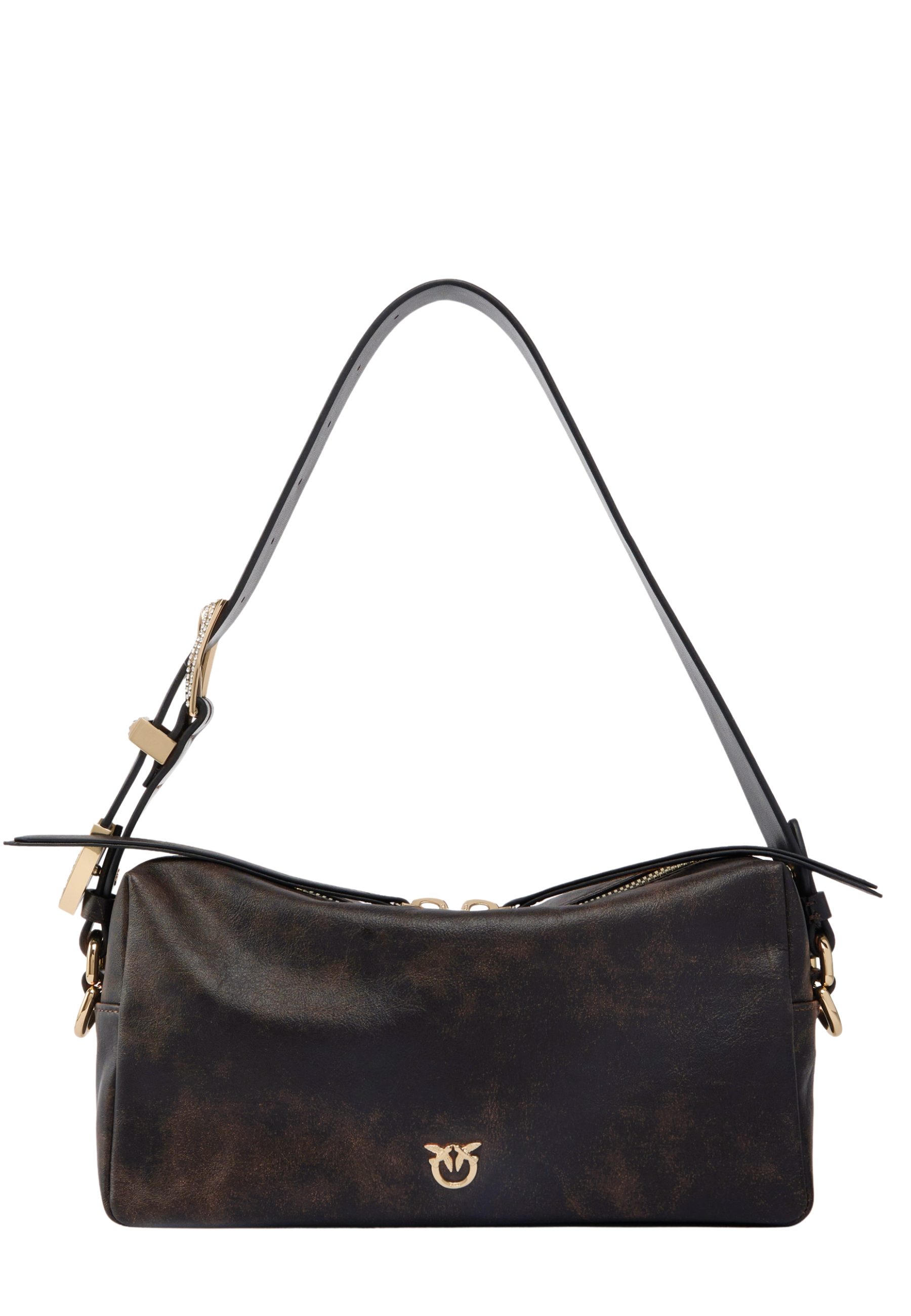BORSA A SPALLA IN PELLE EFFETTO VISSUTO CON ZIP DONNA MARRONE SCURO