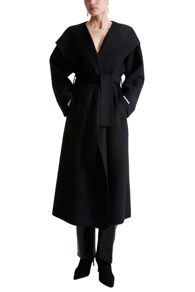 CAPPOTTO LUNGO IN PURA LANA VERGINE CON CINTURA E COLLO A SCIALLE DONNA NERO