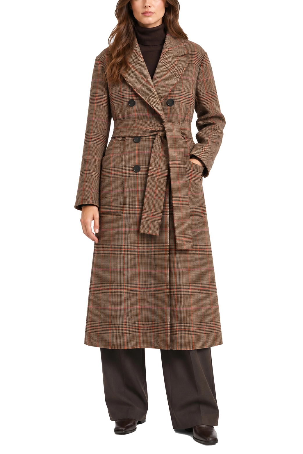 CAPPOTTO LUNGO DOPPIOPETTO IN MISTO LANA CHECK DONNA MARRONE