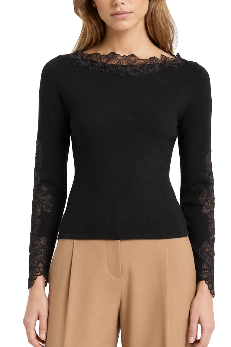 MAGLIA CON SCOLLO A BARCA IN MISTO LANA CON PIZZO- DONNA NERO