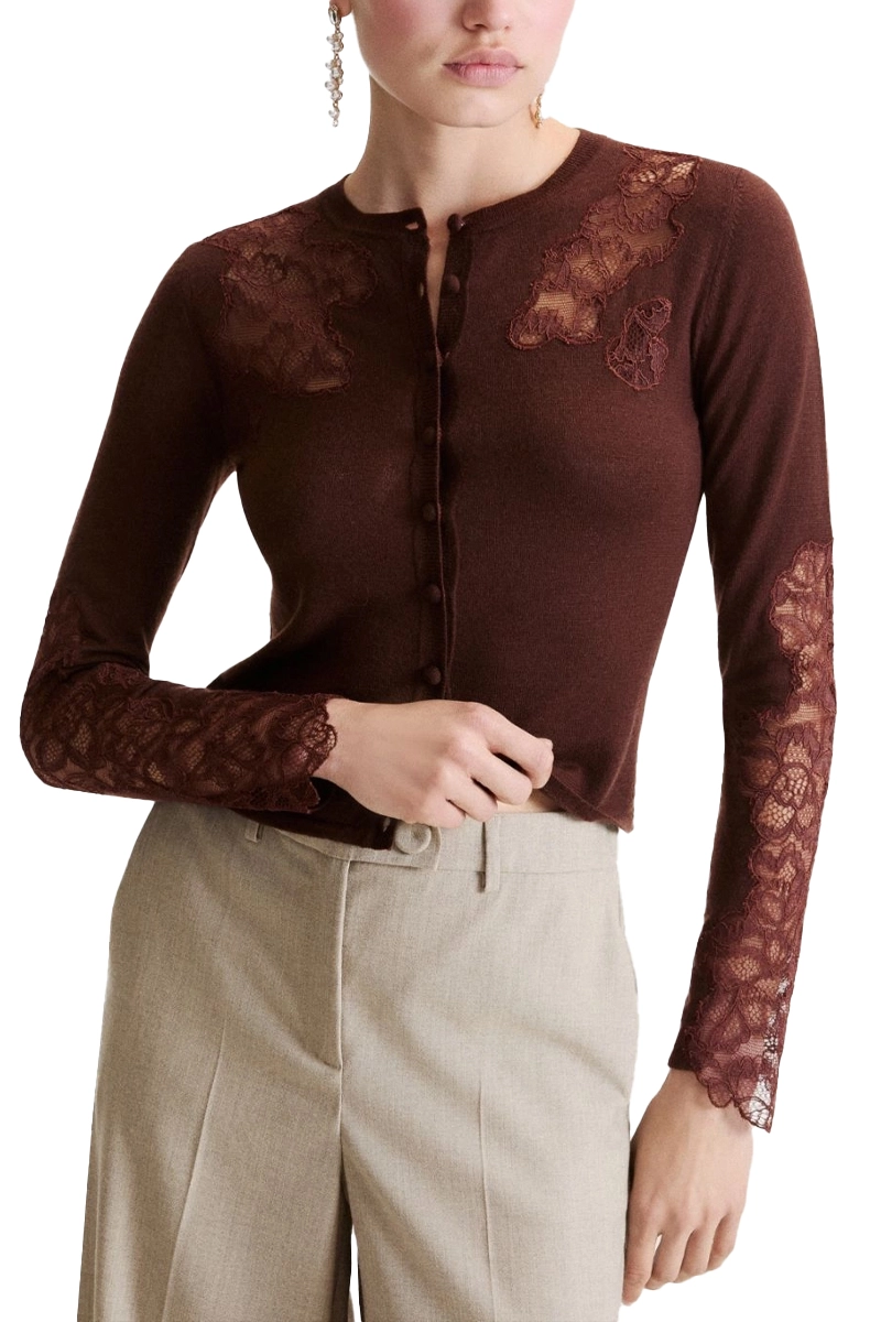 CARDIGAN IN MISTO LANA CON INSERTI IN PIZZO DONNA MARRONE