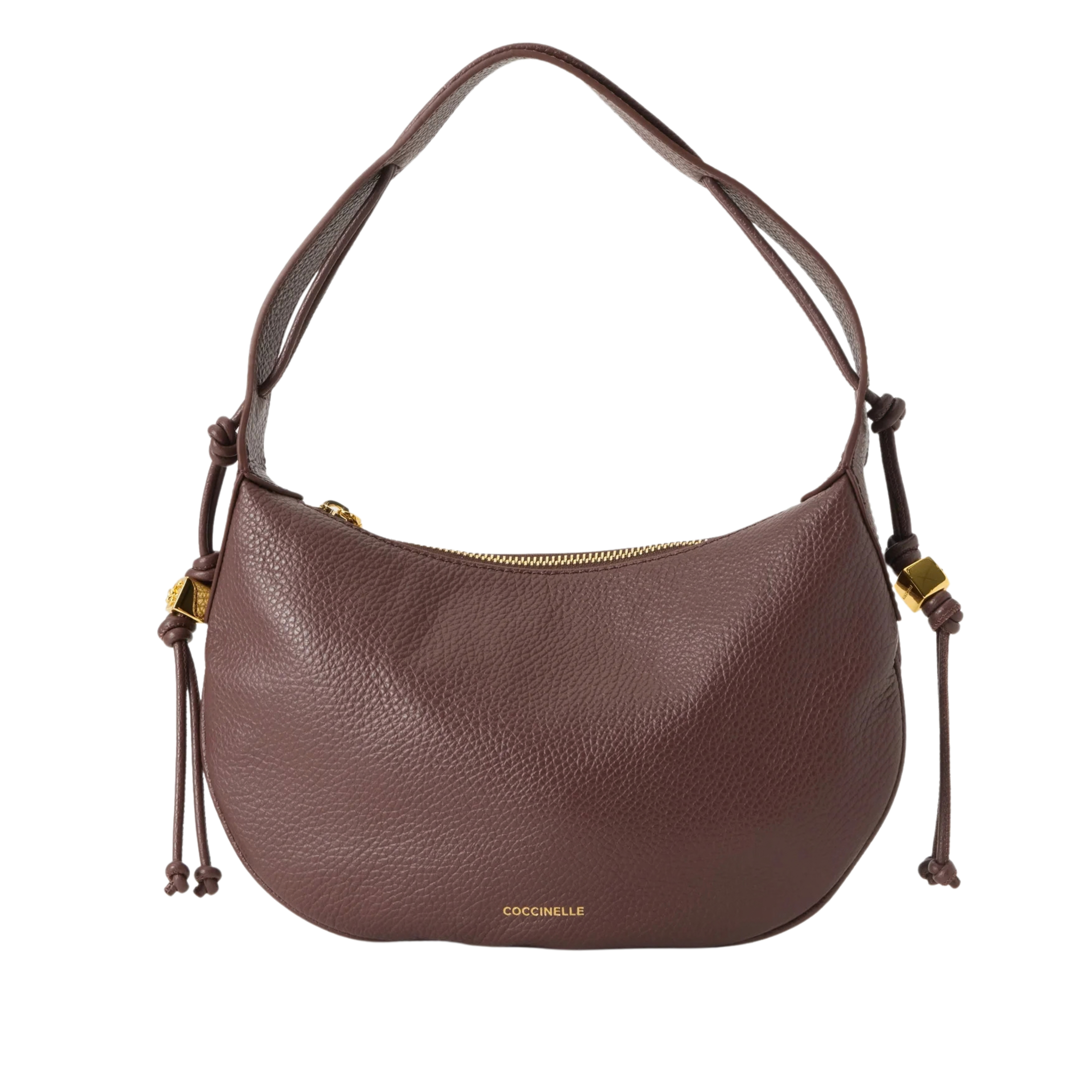 BORSA A SPALLA IN PELLE MARTELLATA CON LACCETTI DONNA MARRONE