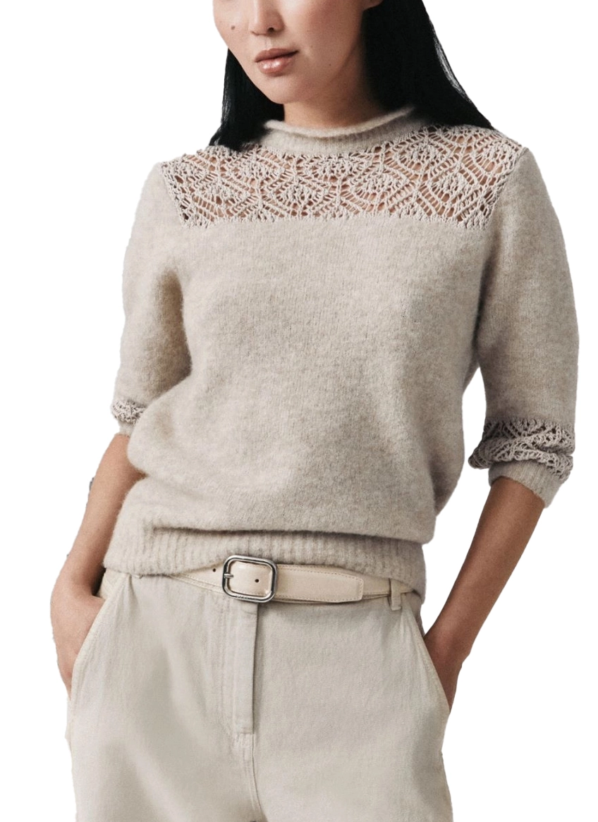 MAGLIA GIROCOLLO IN BABY ALPACA CON PIZZO DONNA BEIGE
