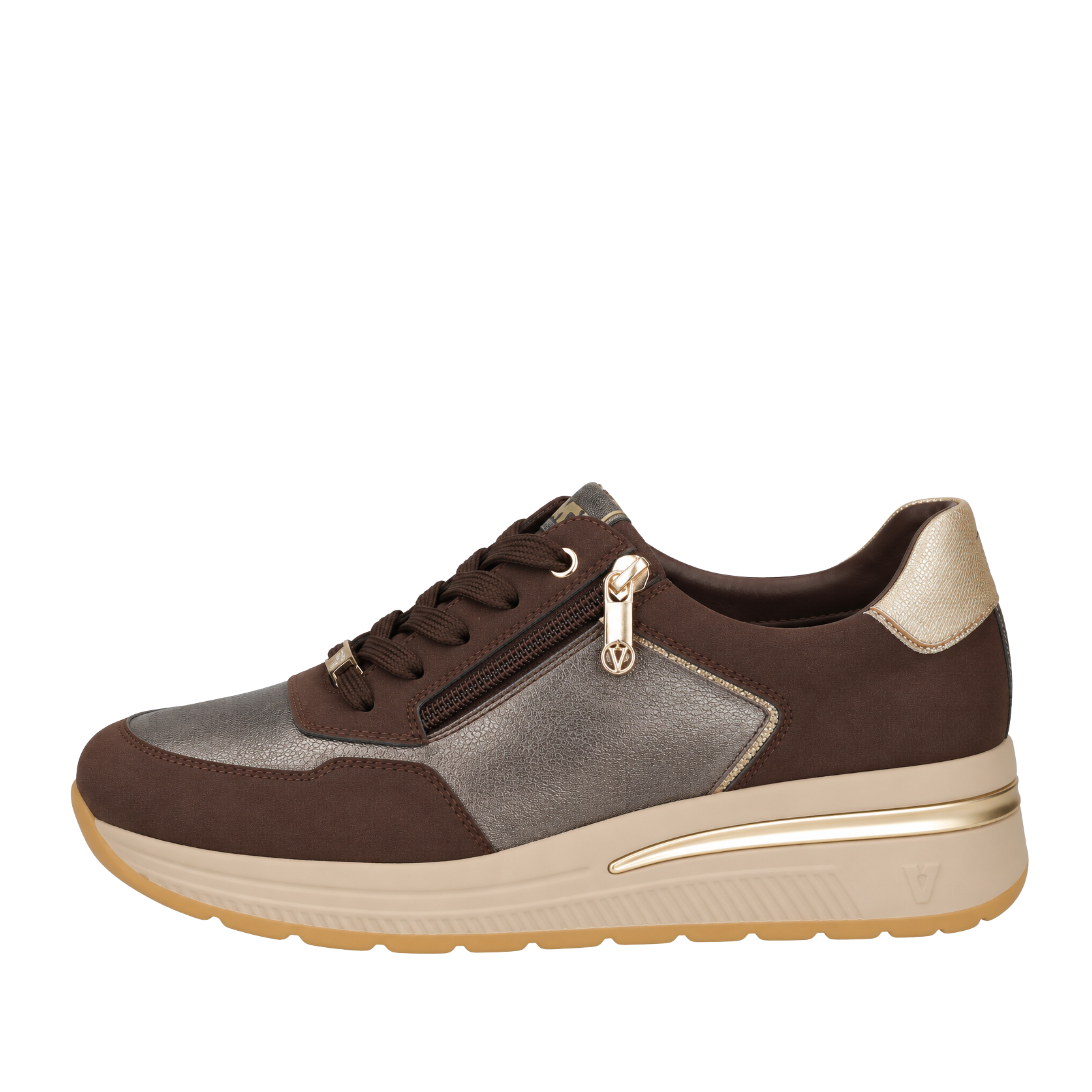 SNEAKERS BASSE CON INSERTI METALLIZZATI E ZIP DONNA MARRONE