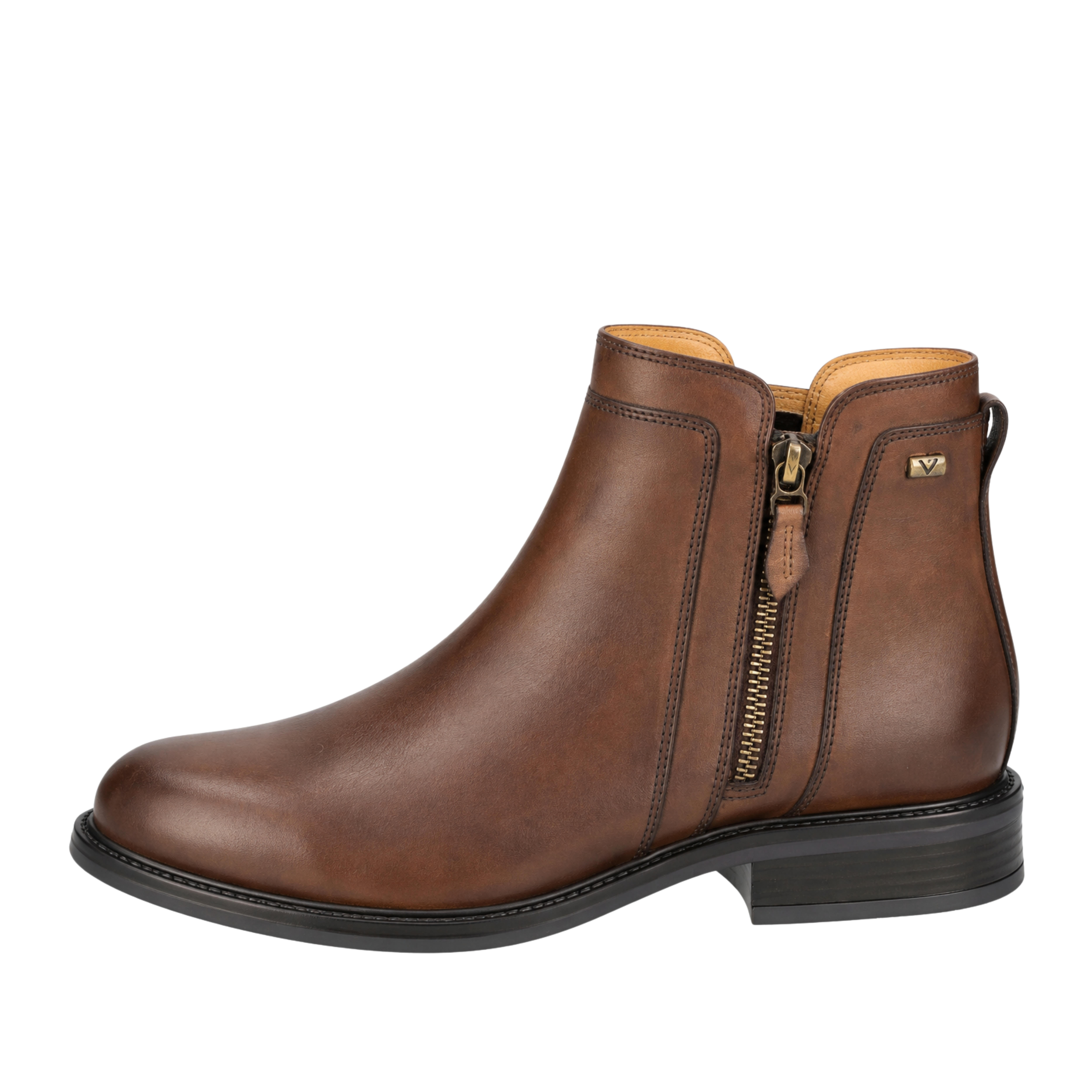 STIVALETTI TACCO BASSO IN PELLE CON DOPPIA ZIP DONNA MARRONE
