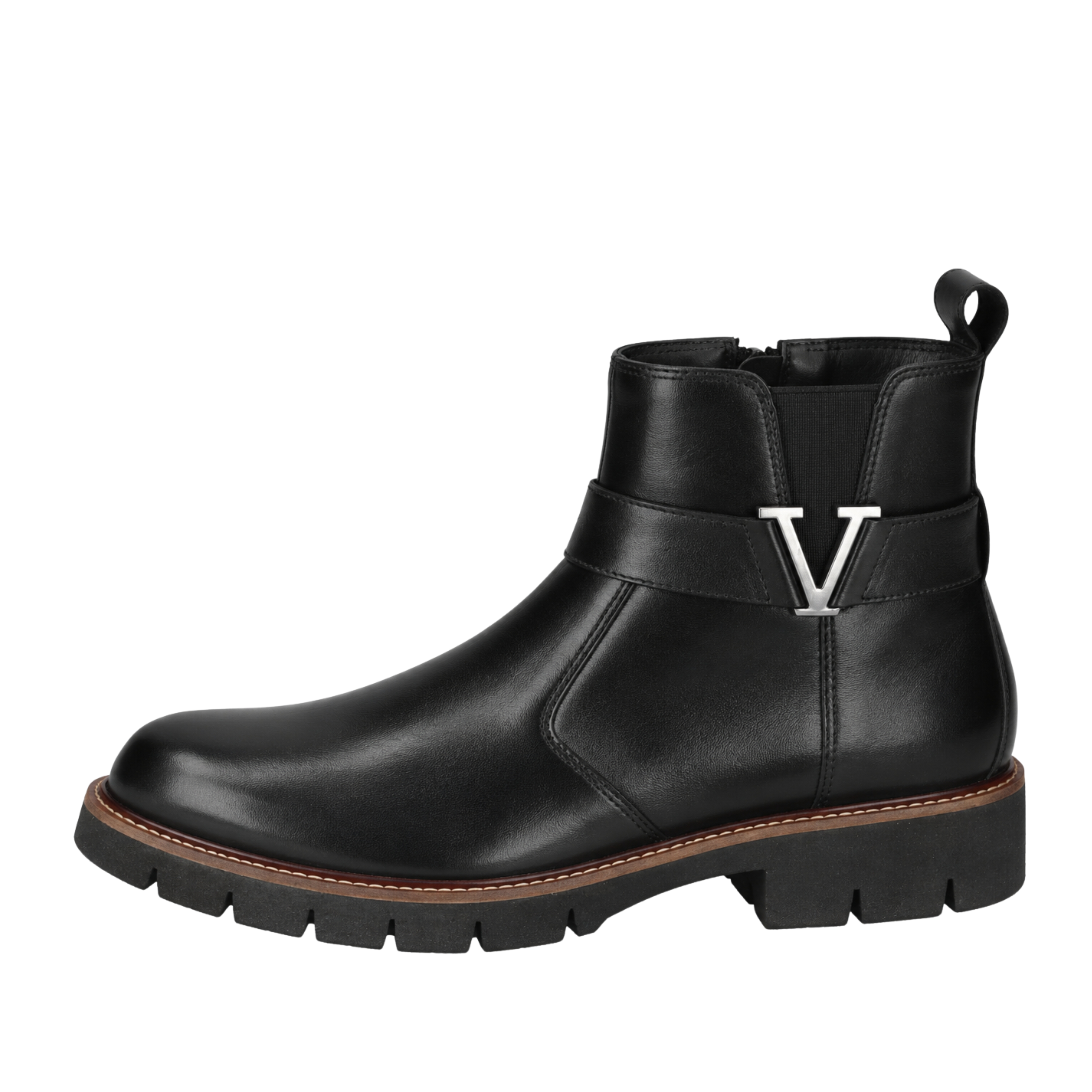 STIVALETTI TACCO BASSO IN PELLE CON FASCIA E DETTAGLIO METALLICO DONNA NERO