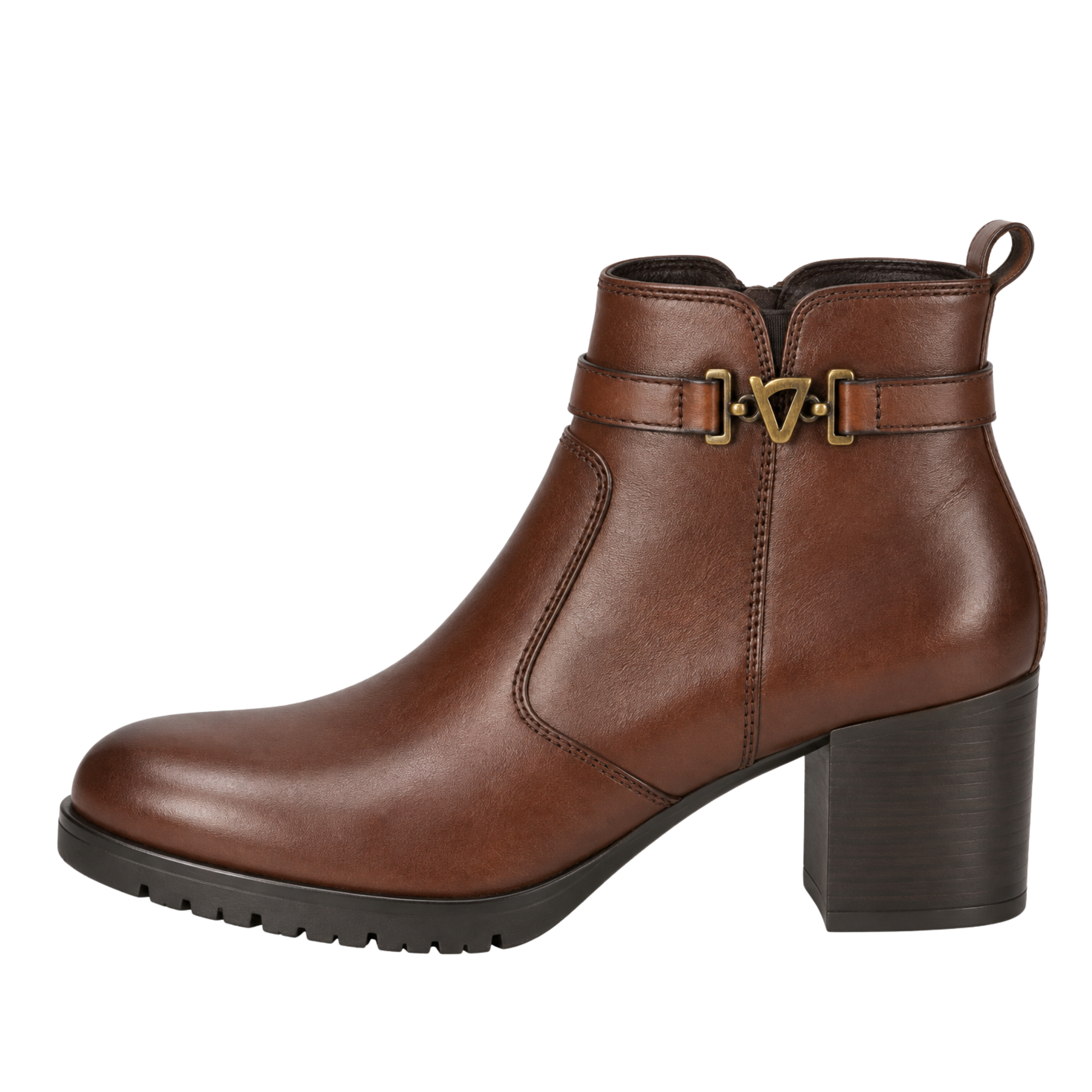 STIVALETTI TACCO ALTO IN PELLE CON CINTURINO E DETTAGLIO METALLICO DONNA MARRONE