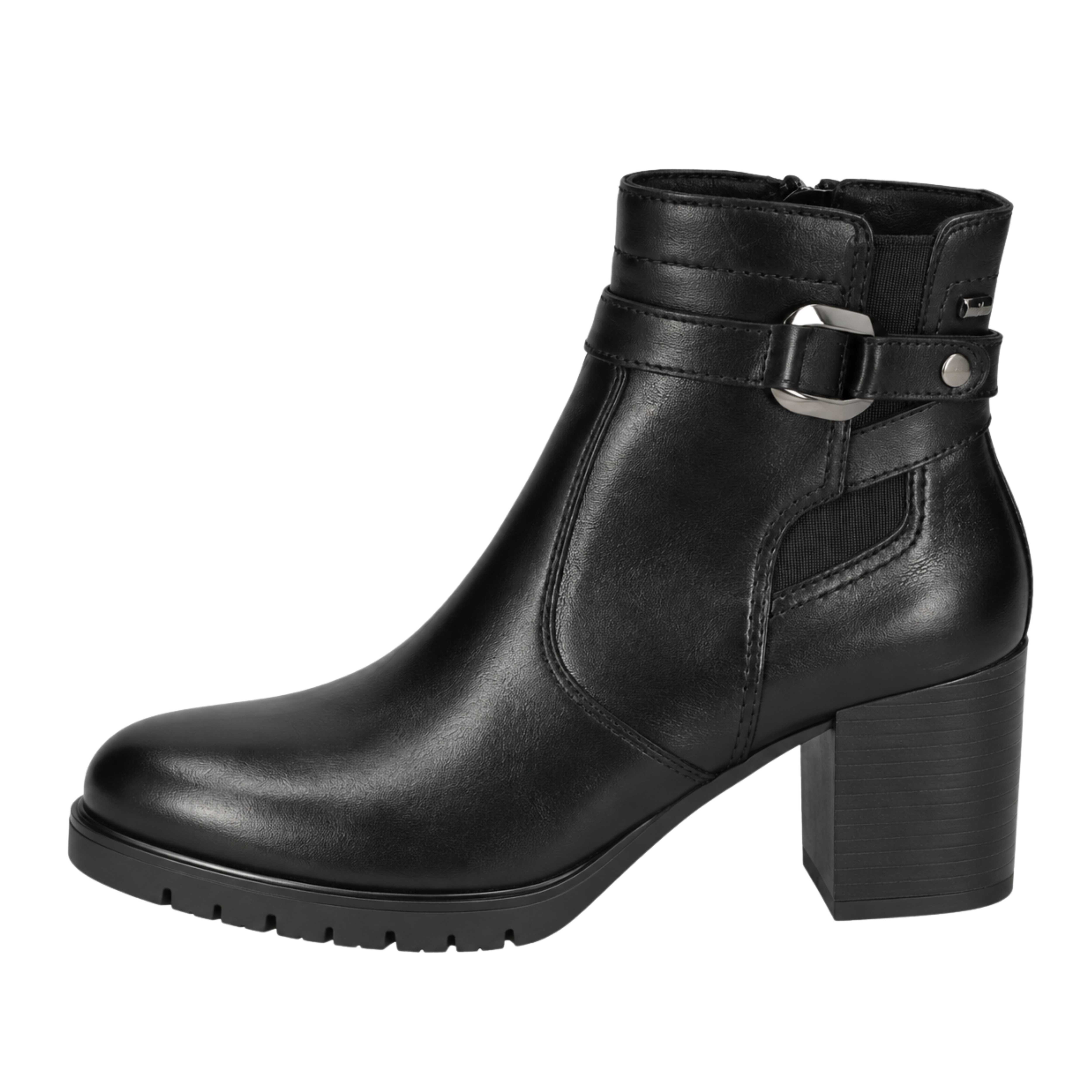 STIVALETTI TACCO ALTO IN PELLE CON CINTURINO E ANELLO METALLICO DONNA NERO