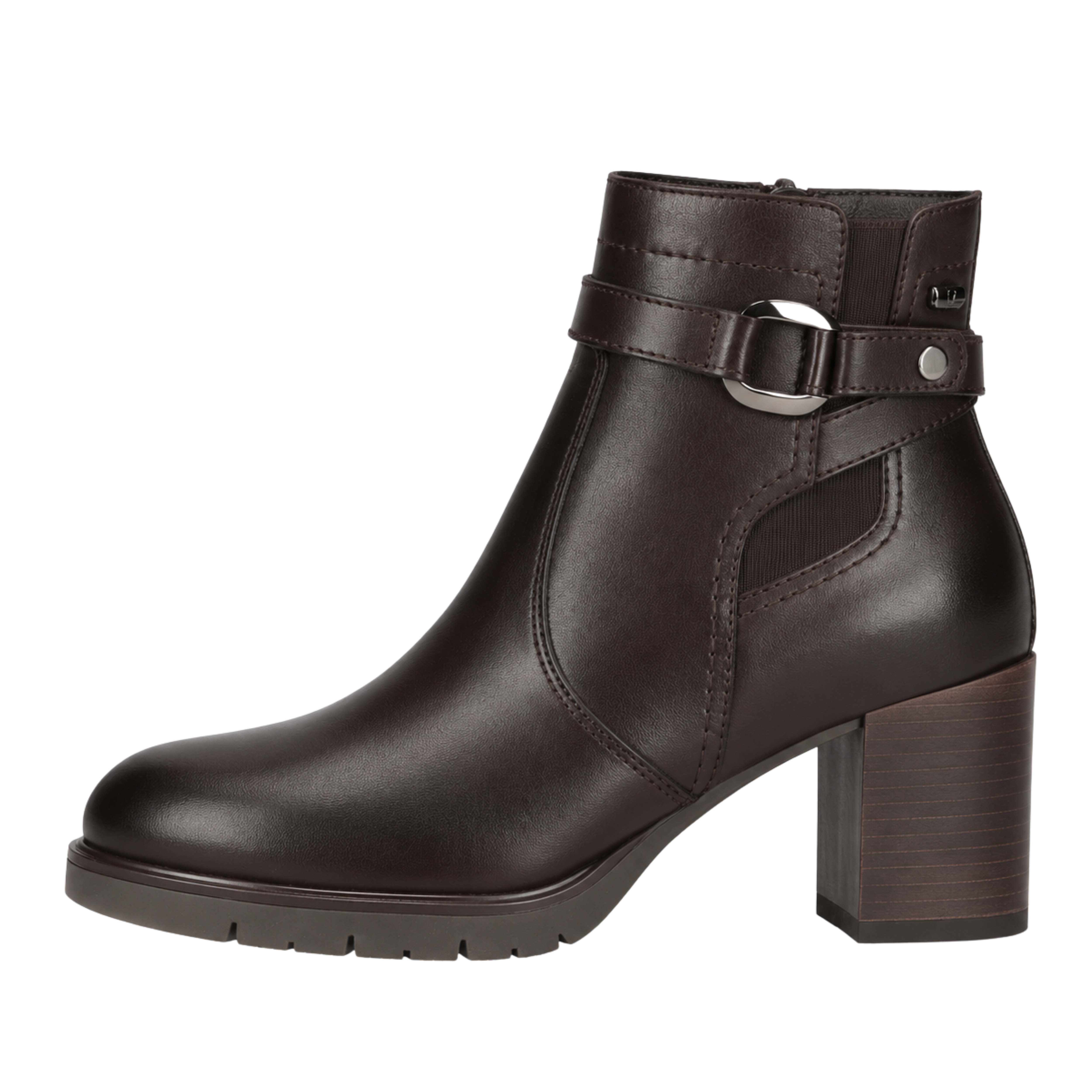 STIVALETTI TACCO ALTO IN PELLE CON CINTURINO E ANELLO METALLICO DONNA MARRONE