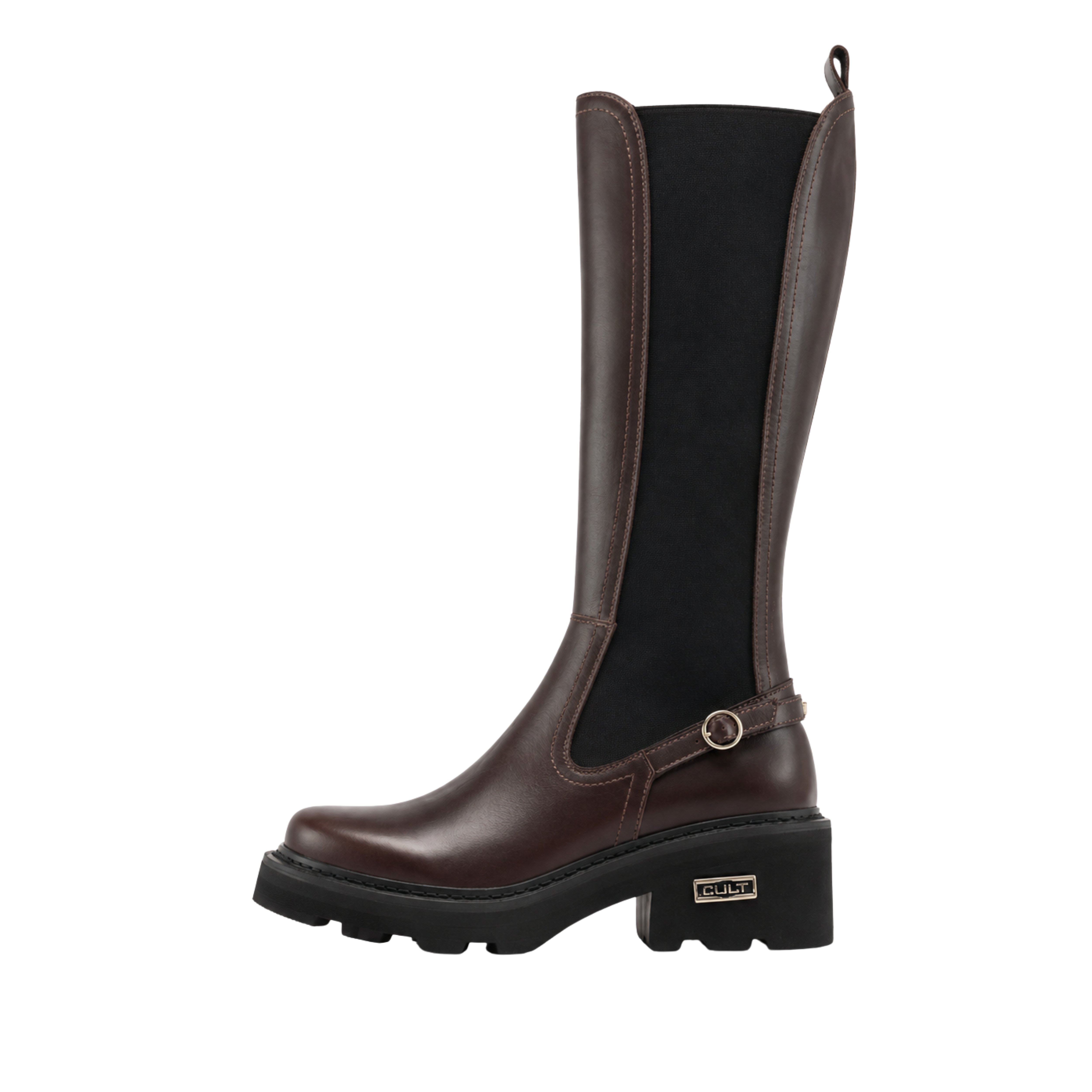STIVALI TACCO ALTO IN PELLE CON INSERTO ELASTICO E CINTURINO DONNA MARRONE