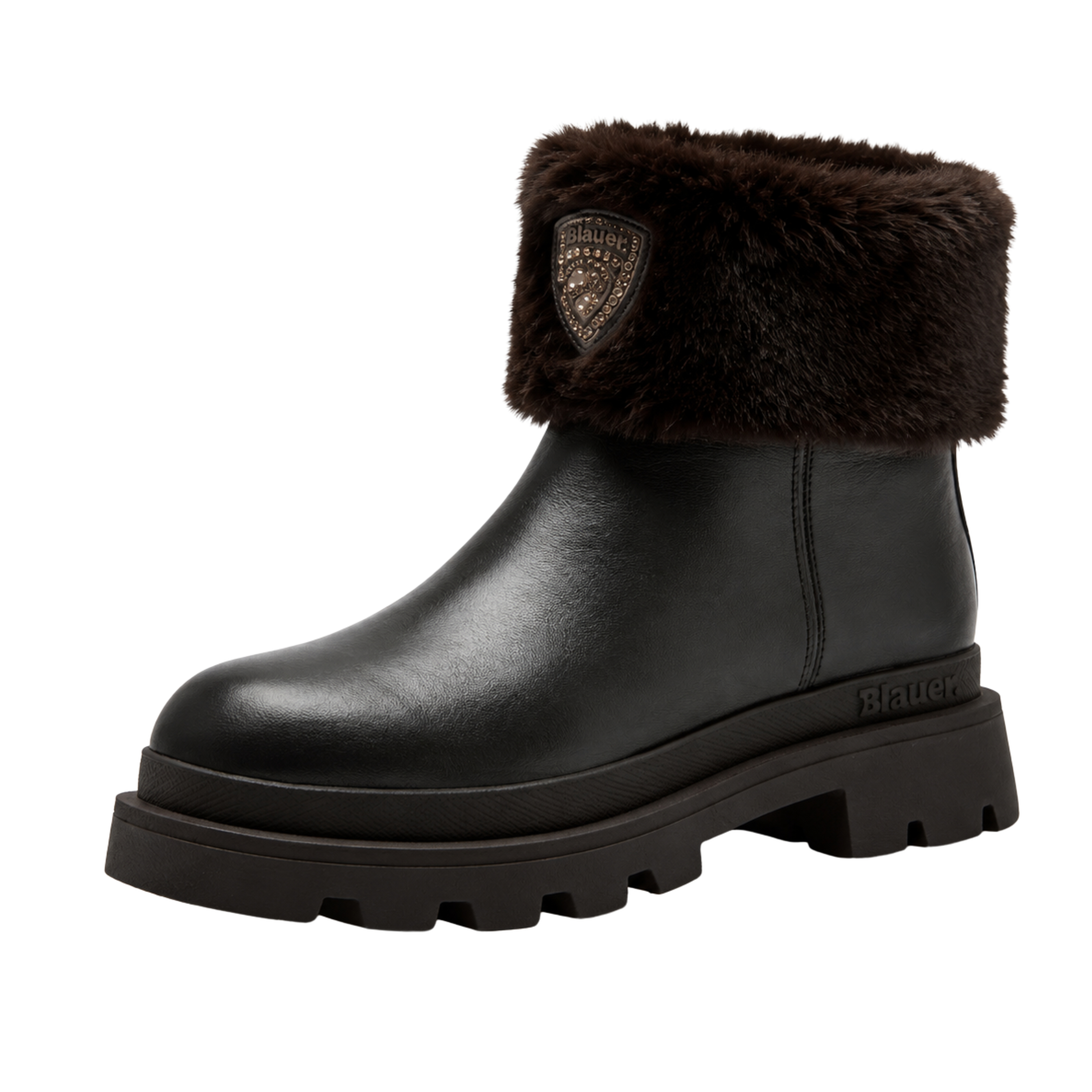 STIVALETTI TACCO BASSO CON BORDO EFFETTO PELLICCIA DONNA MARRONE SCURO