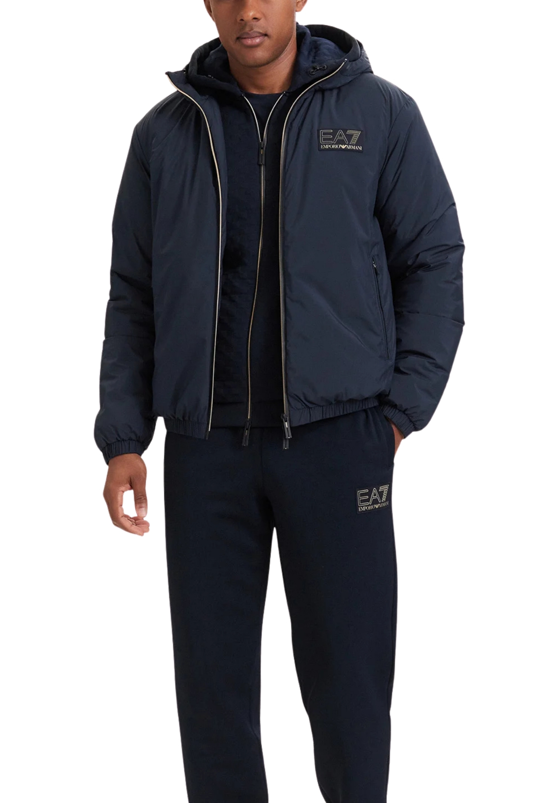 PIUMINO OVER CON CAPPUCCIO E LOGO UOMO BLU